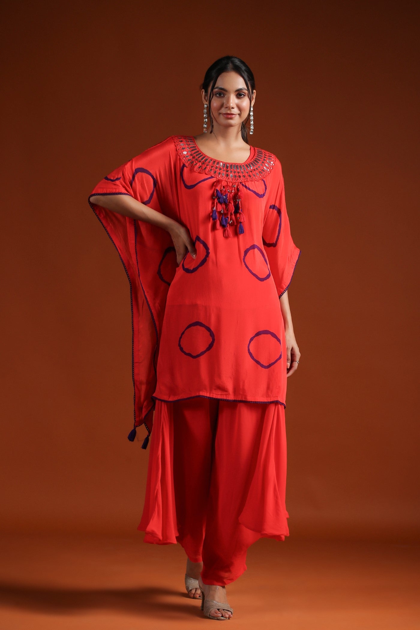 Orange Tie-Dye Embroidered Kaftan & Palazzo