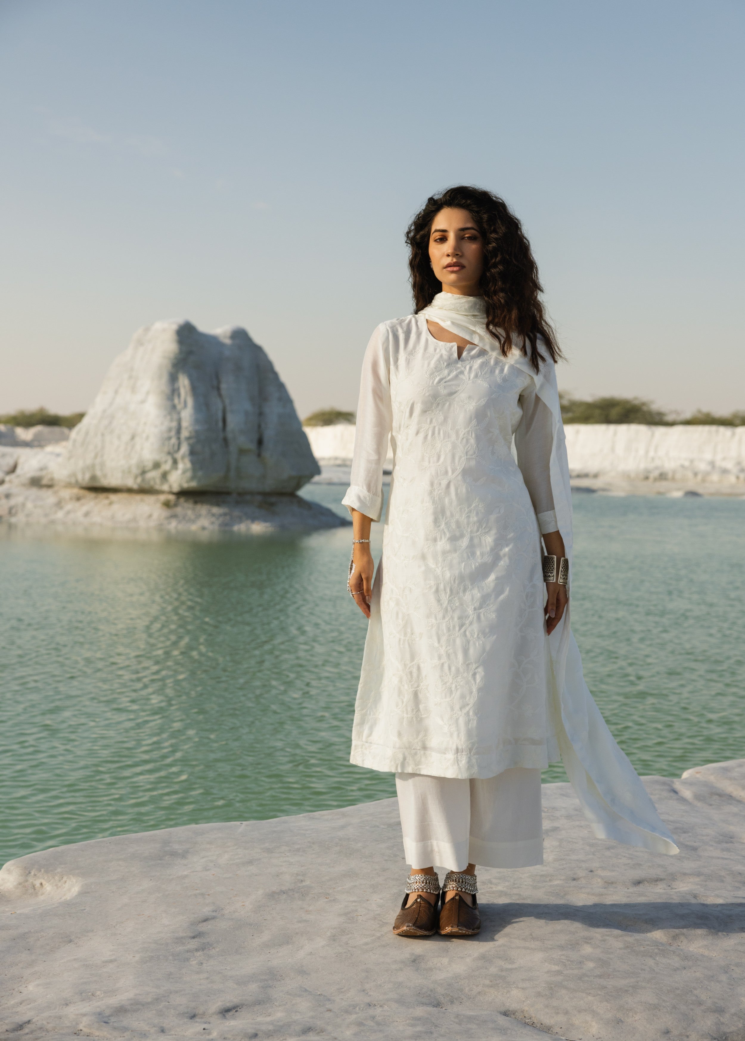 White Embroidered Mul-Chanderi Silk Pant Set