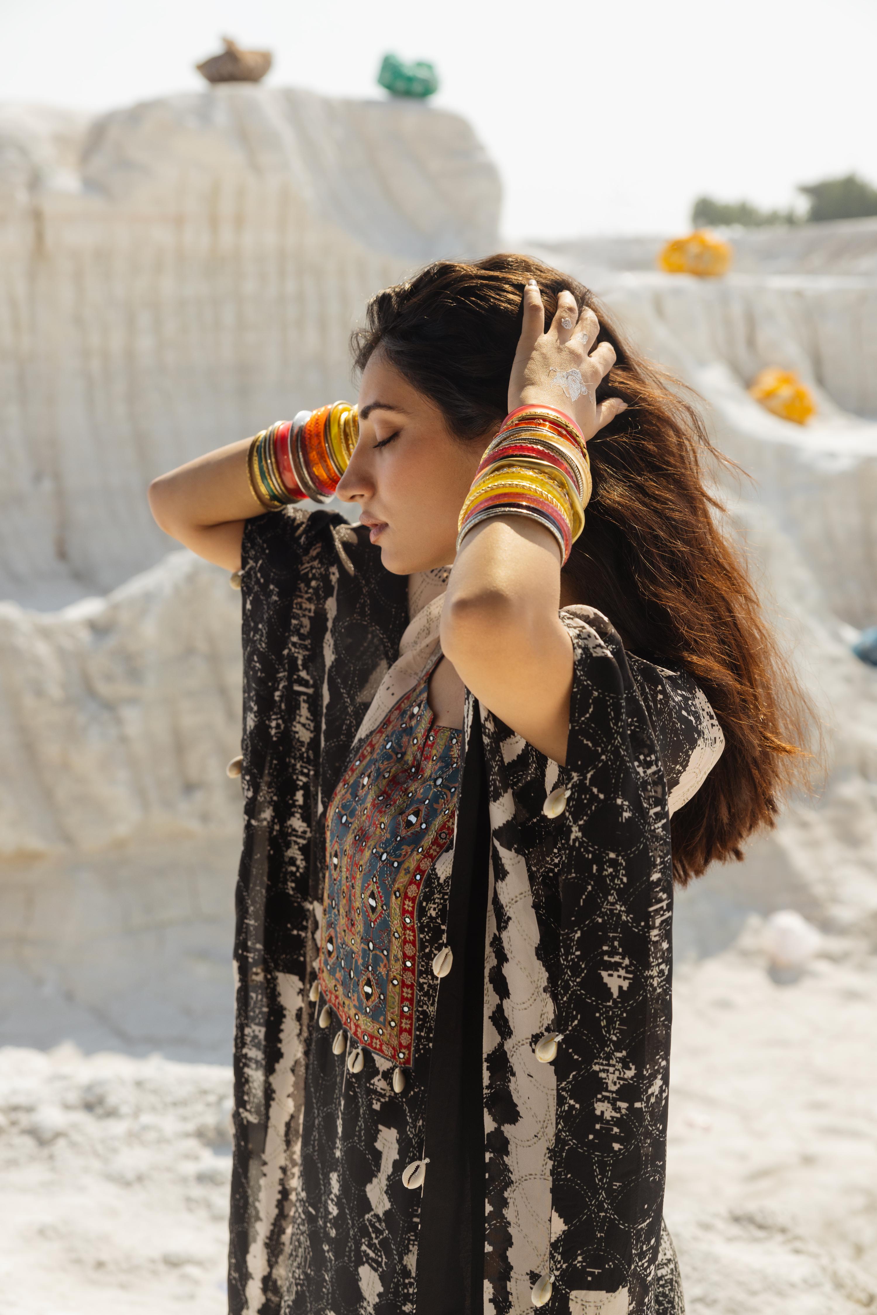 Charcoal Black Ikat Printed Muslin Silk Kaftan Set