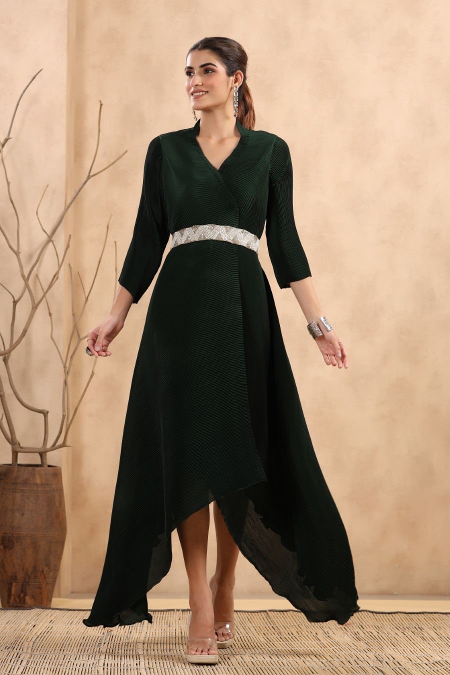 Emereld Green Pleated Asymmetrical Dress