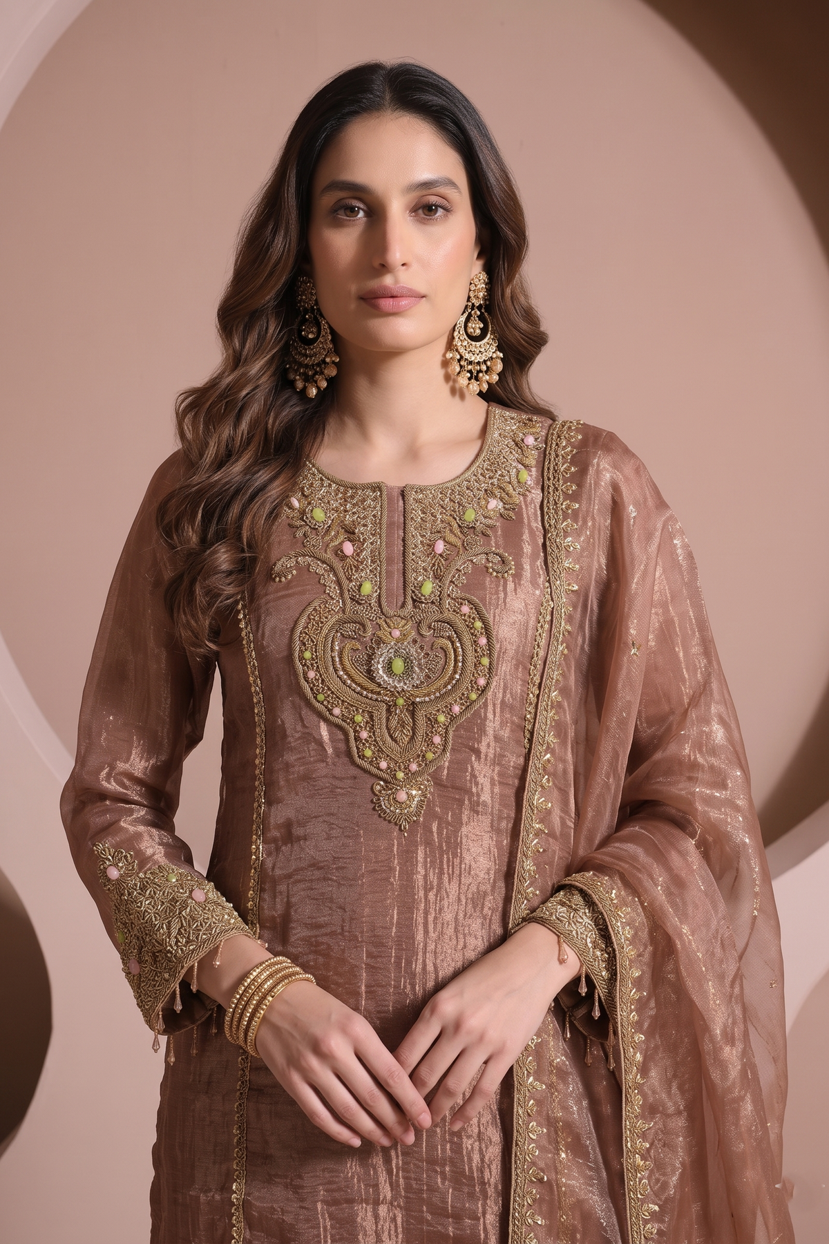 Metallic Rose Gold Embellished Shimmer Silk Pant Set