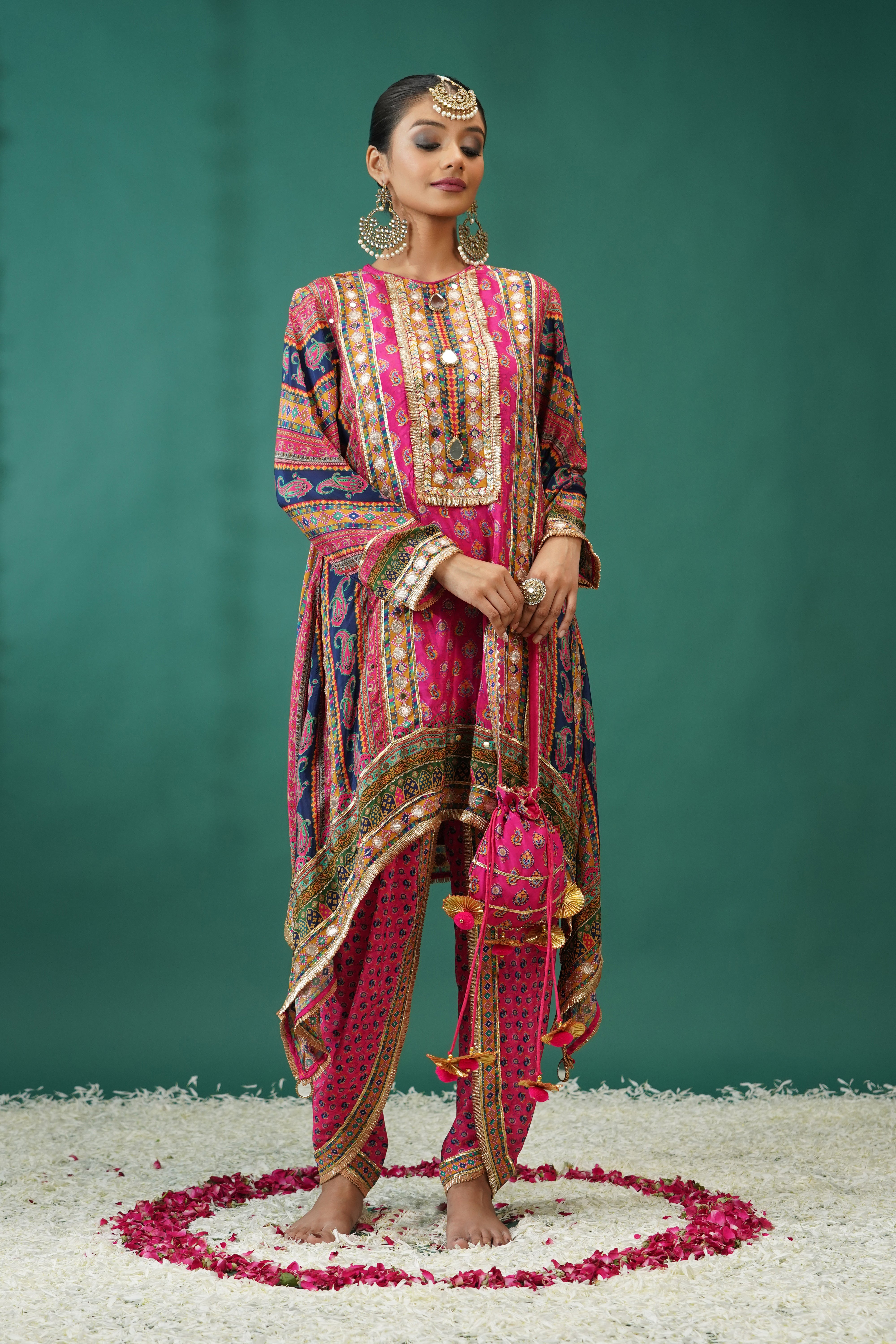 Bright Pink Traditional Printed Crepe Silk Dhoti Set