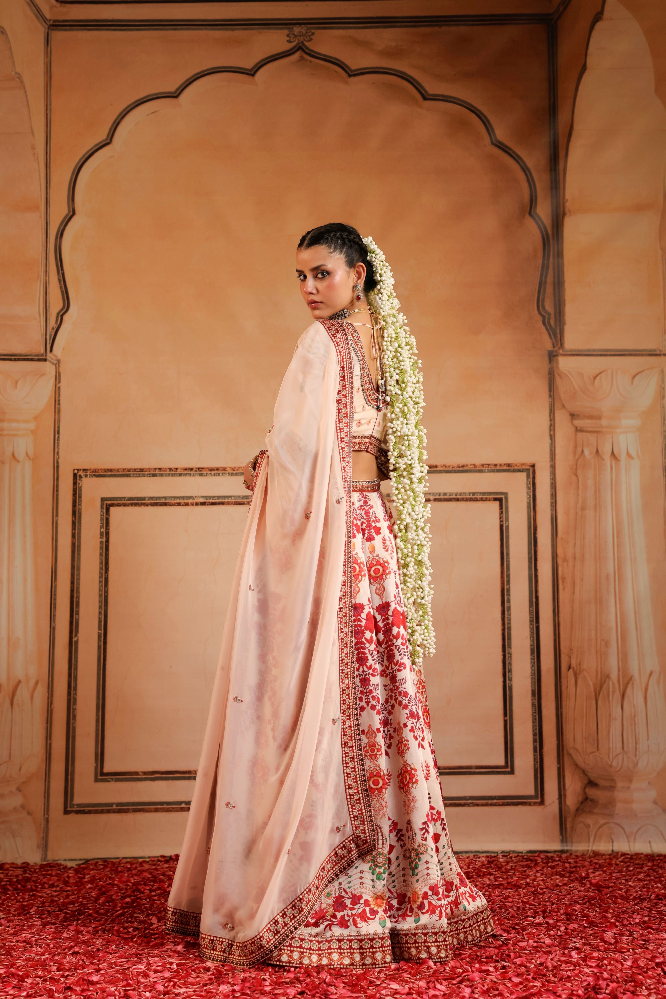 Peachy Pink Embellished Linen Satin Lehenga Set