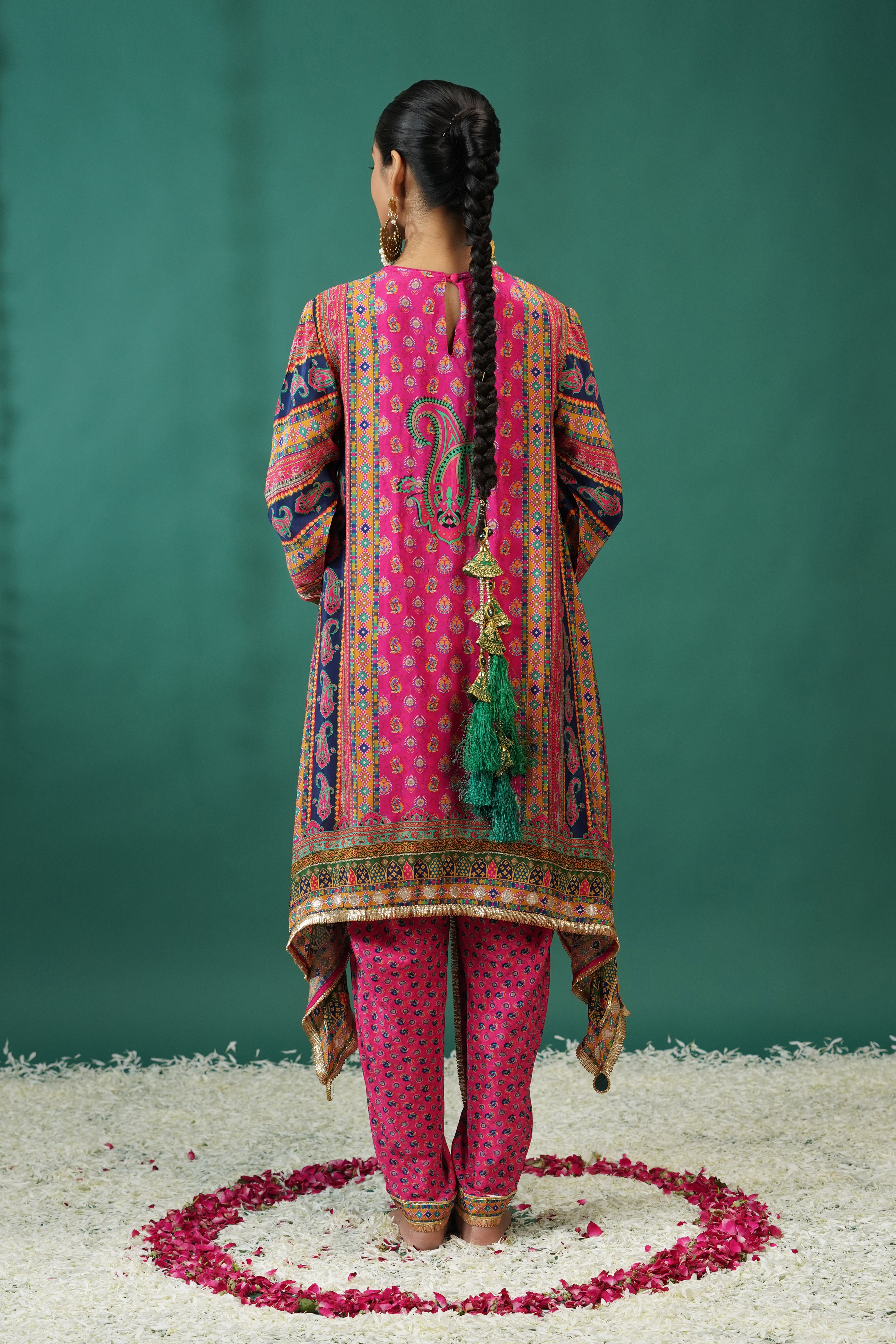 Bright Pink Traditional Printed Crepe Silk Dhoti Set