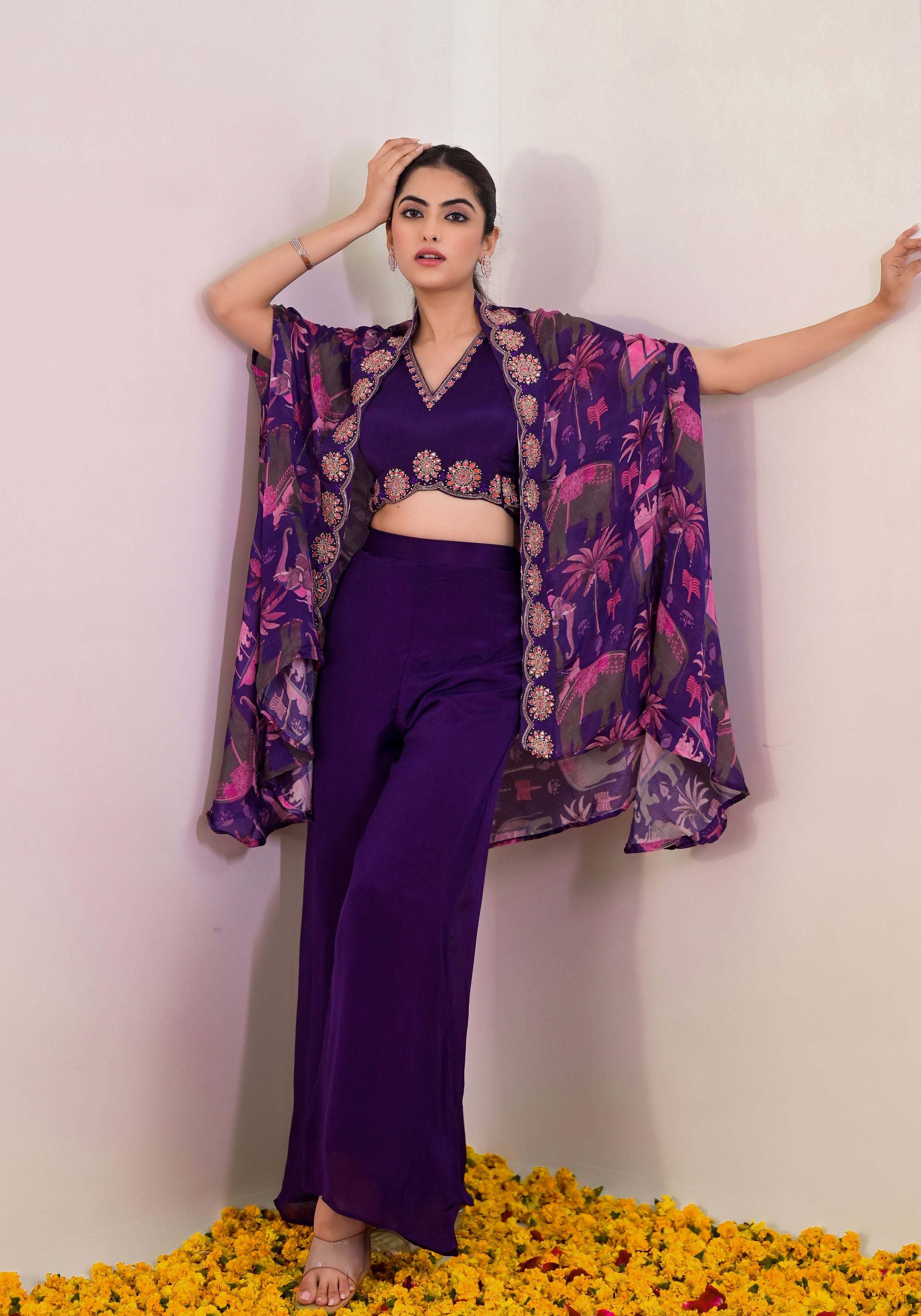 Purple Floral Printed Chinon Silk Cape Set