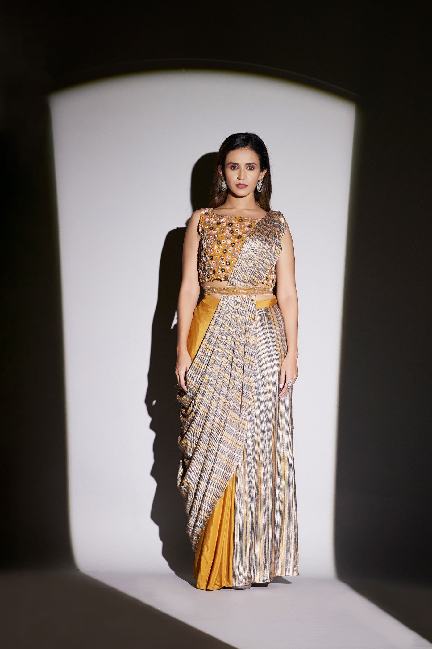 Mustard Floral Embroidered Pure Crepe Draped Saree