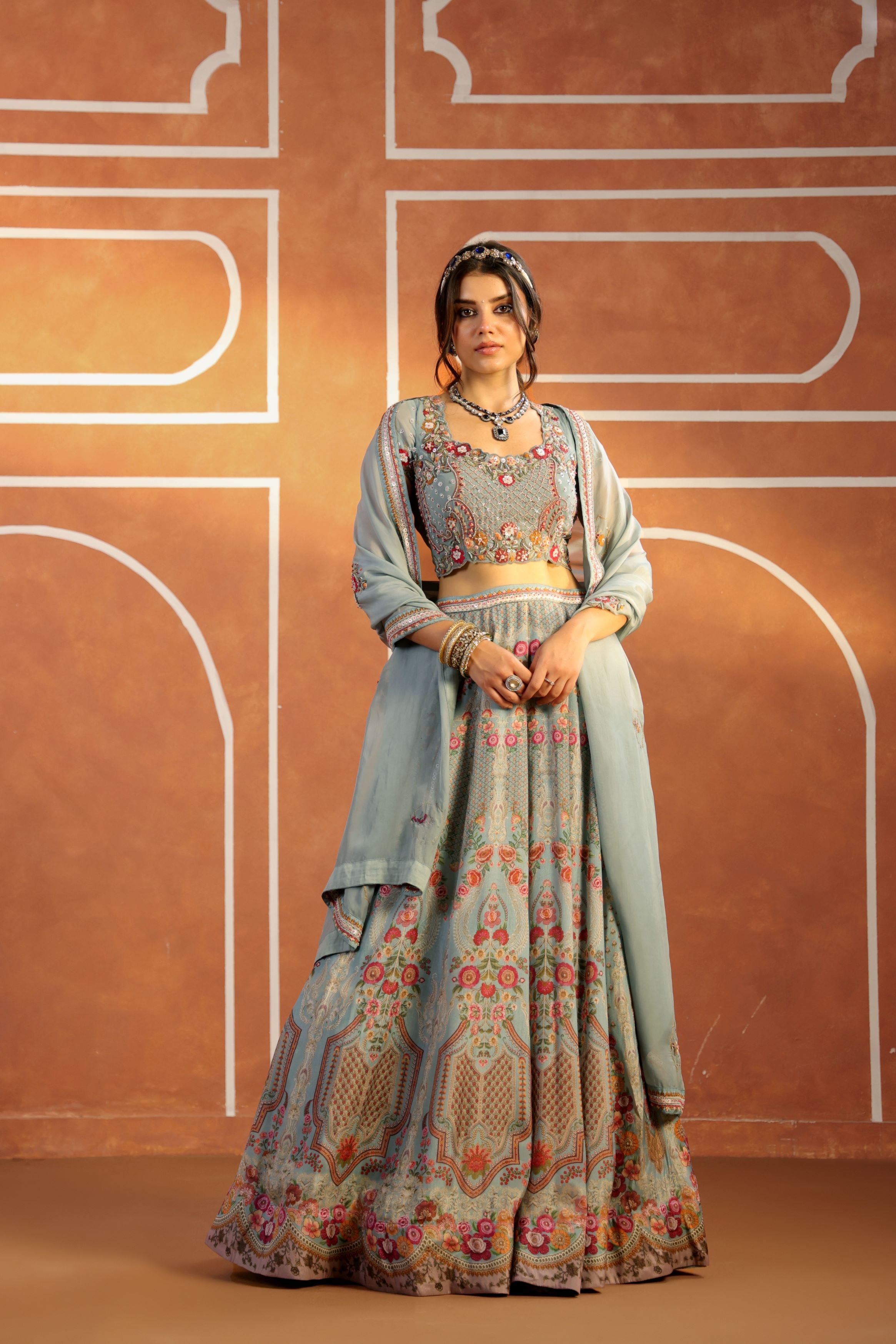 Pastel Blue Embellished Organdi Lehenga Set