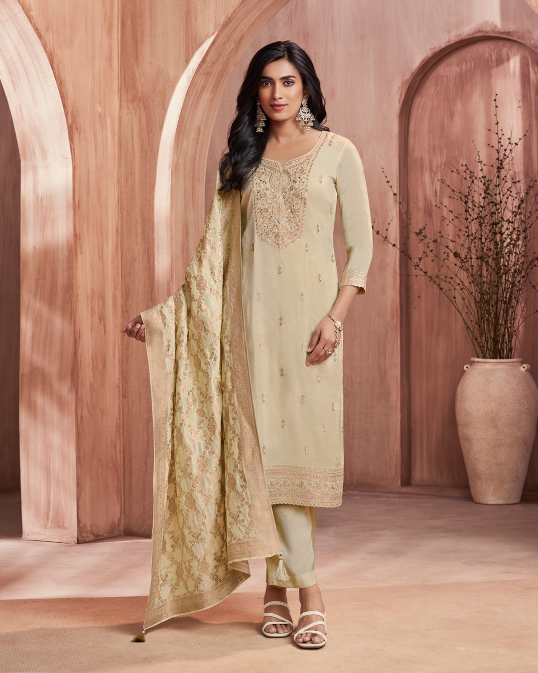 Champagne Allure Embellished Dola Silk Pant Set