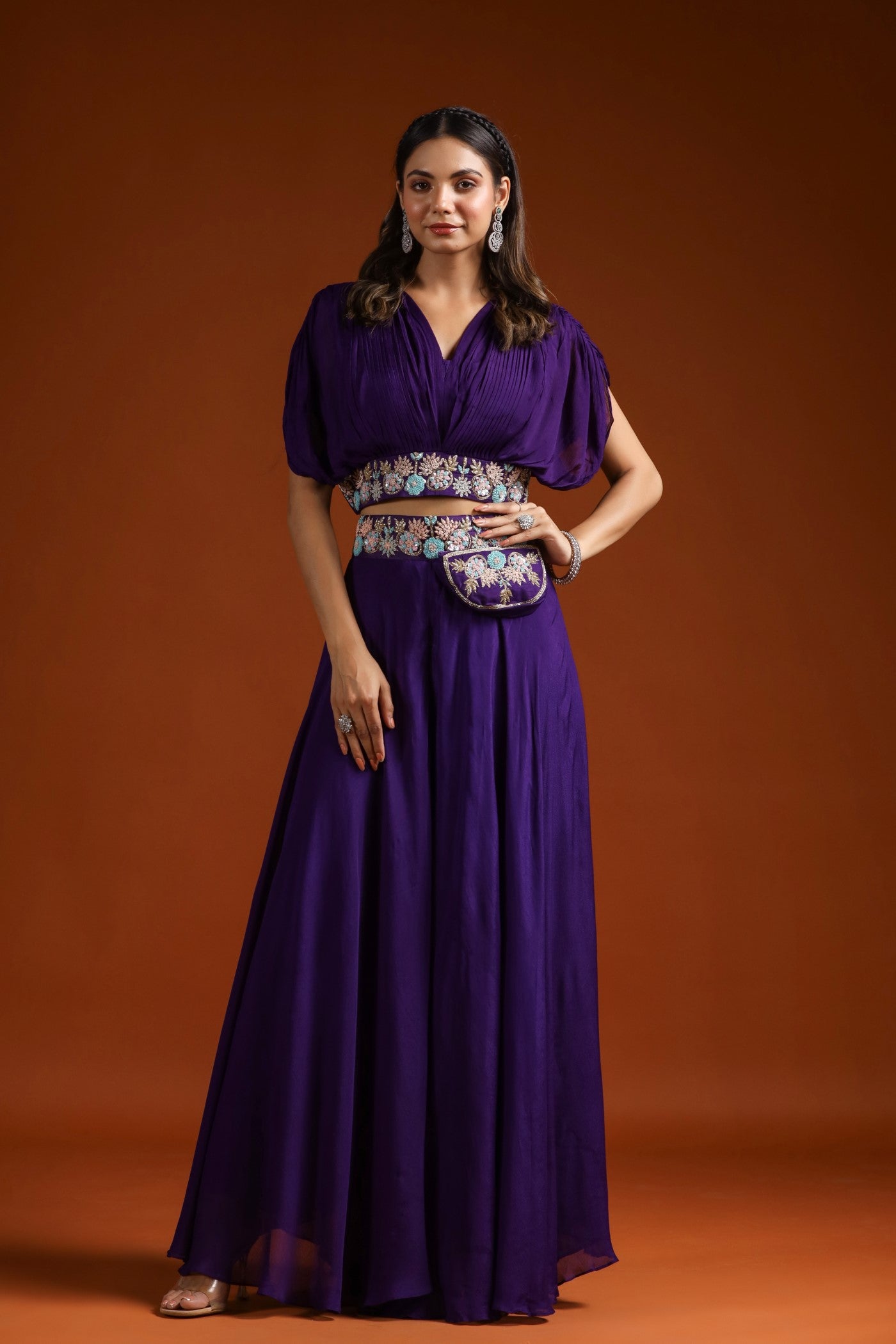 Deep Purple Embroidered Crop Top with Palazzo Set