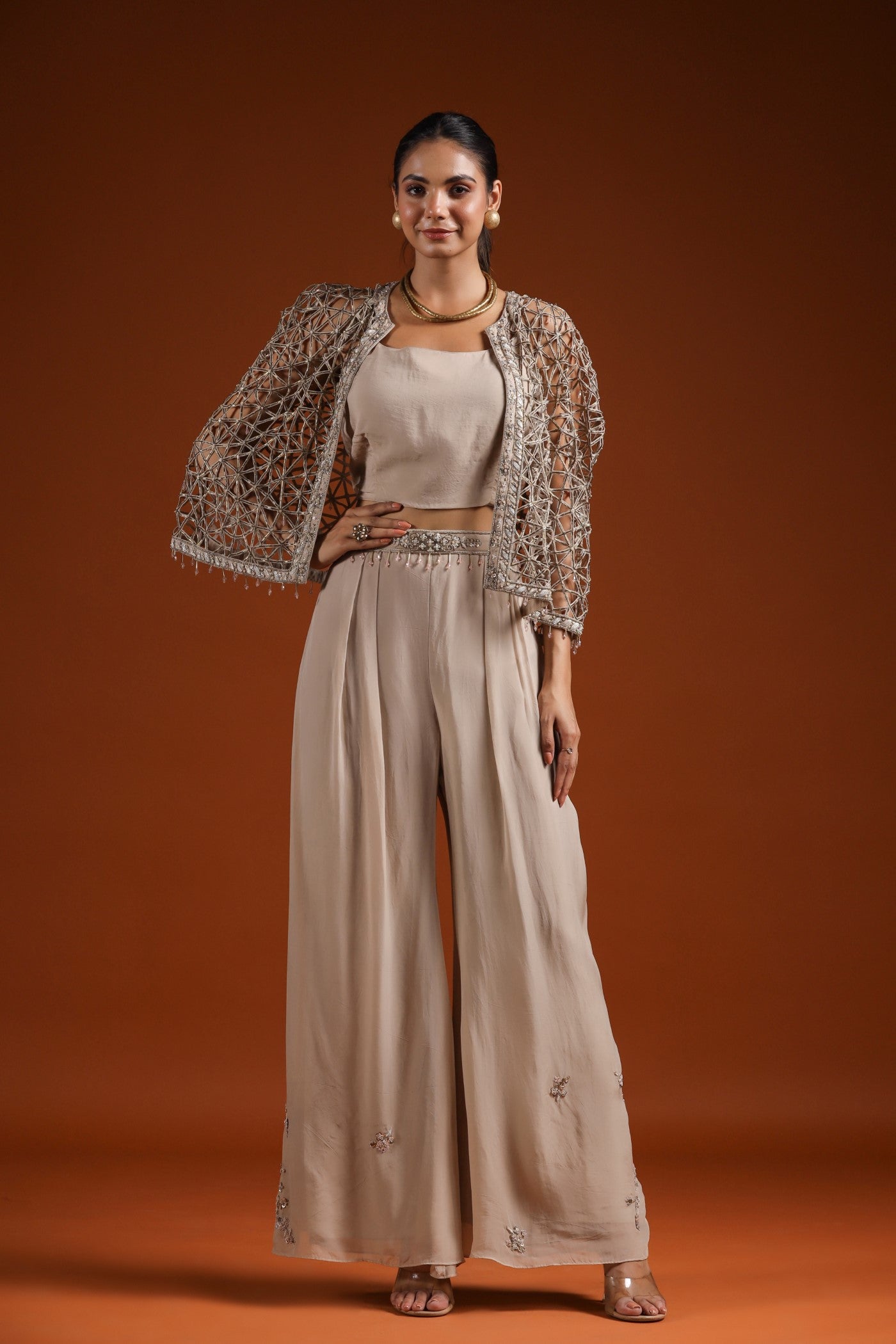 Golden Beige Embellished Cape Set