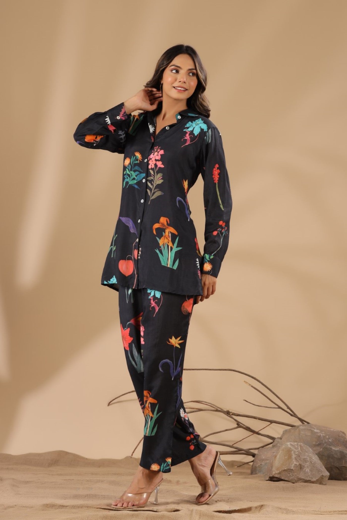 Black Floral Printed Mosche Silk Co-ord Set