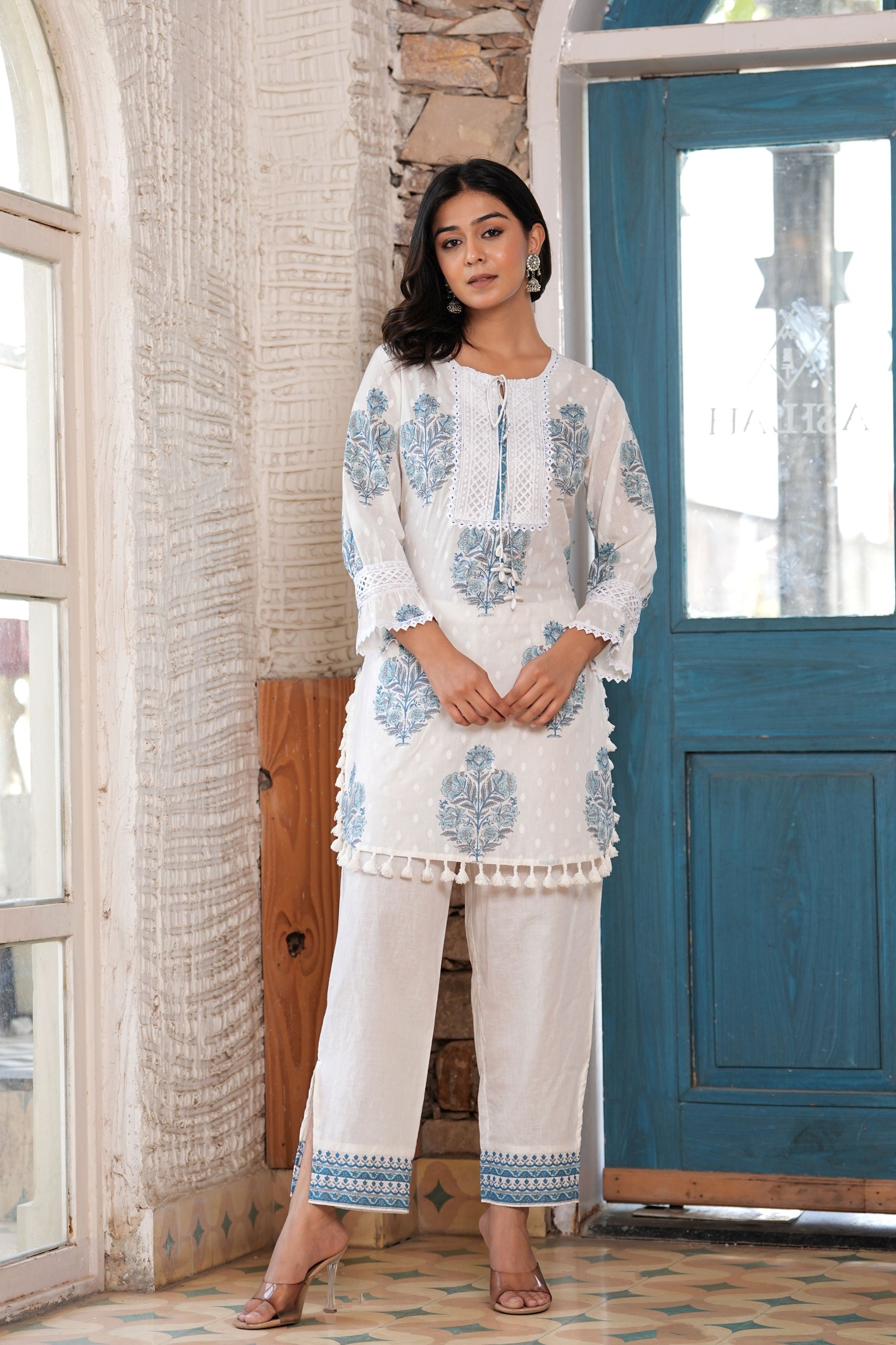 White Block Printed Premium Cotton Co-Ord Set