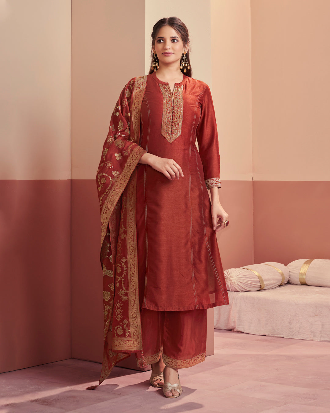 Crimson Royale Embellished Vichitra Silk Pant Set