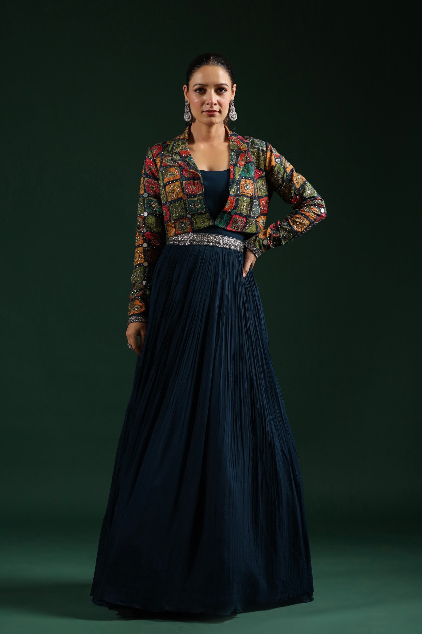 Dark Blue Embellished Gown With Cape