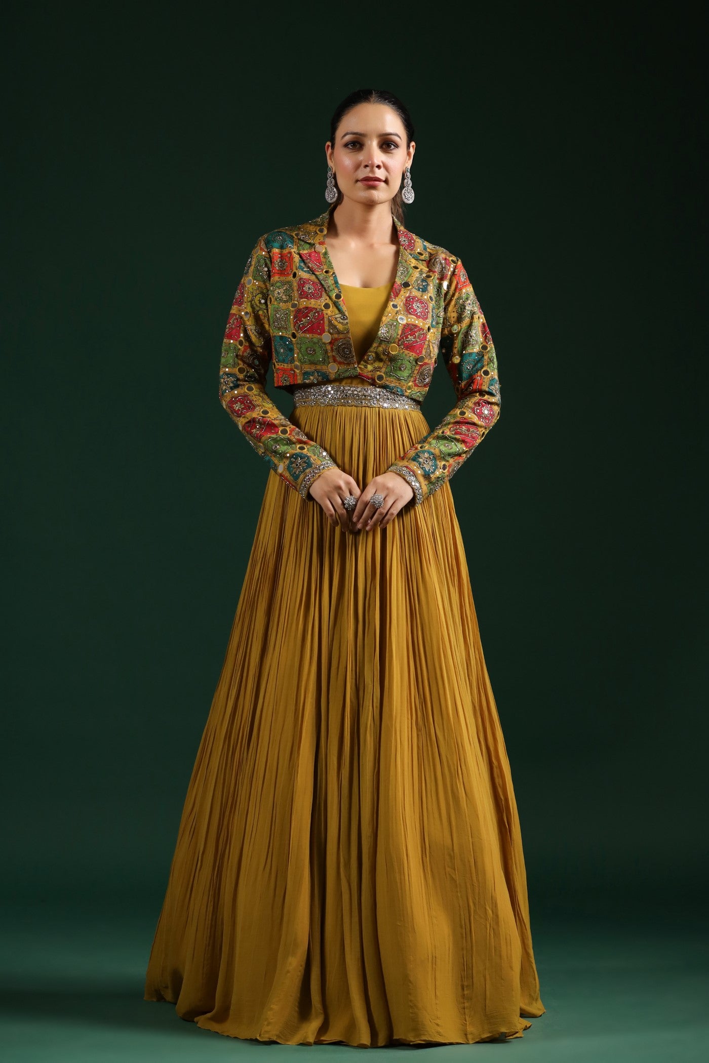 Ochre Yellow Embellished Gown With Cape