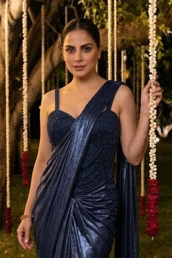 Twilight Blue Embellished Spandex Lycra Silk Draped Saree