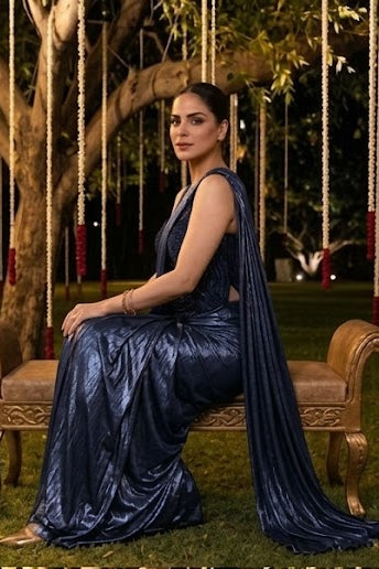 Twilight Blue Embellished Spandex Lycra Silk Draped Saree