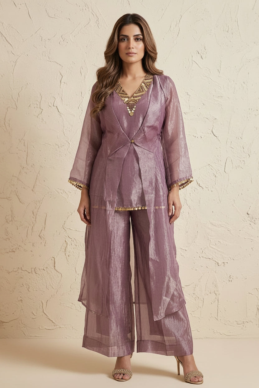 Misty Mauve Embellished Organza Silk Co-Ord Set