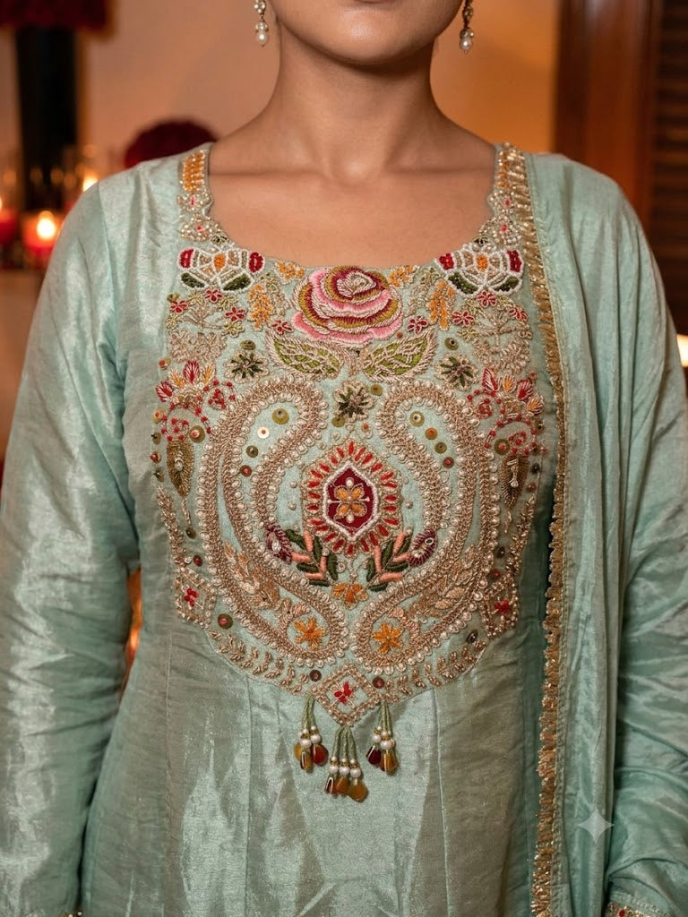 Glacier Blue Embellished Shimmer Tissue Silk Palazzo Set