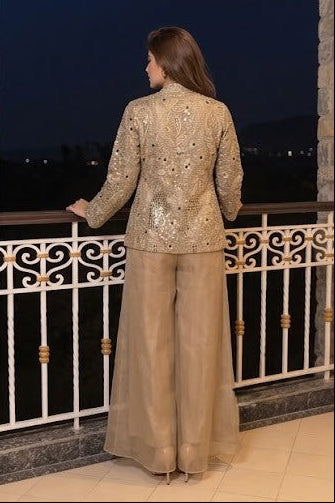 Muted Beige Embellished Shimmer Tissue Silk Co-Ord Set