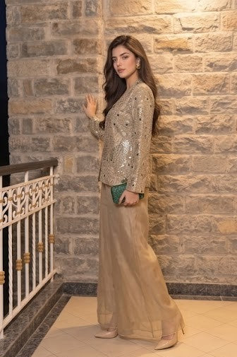 Muted Beige Embellished Shimmer Tissue Silk Co-Ord Set