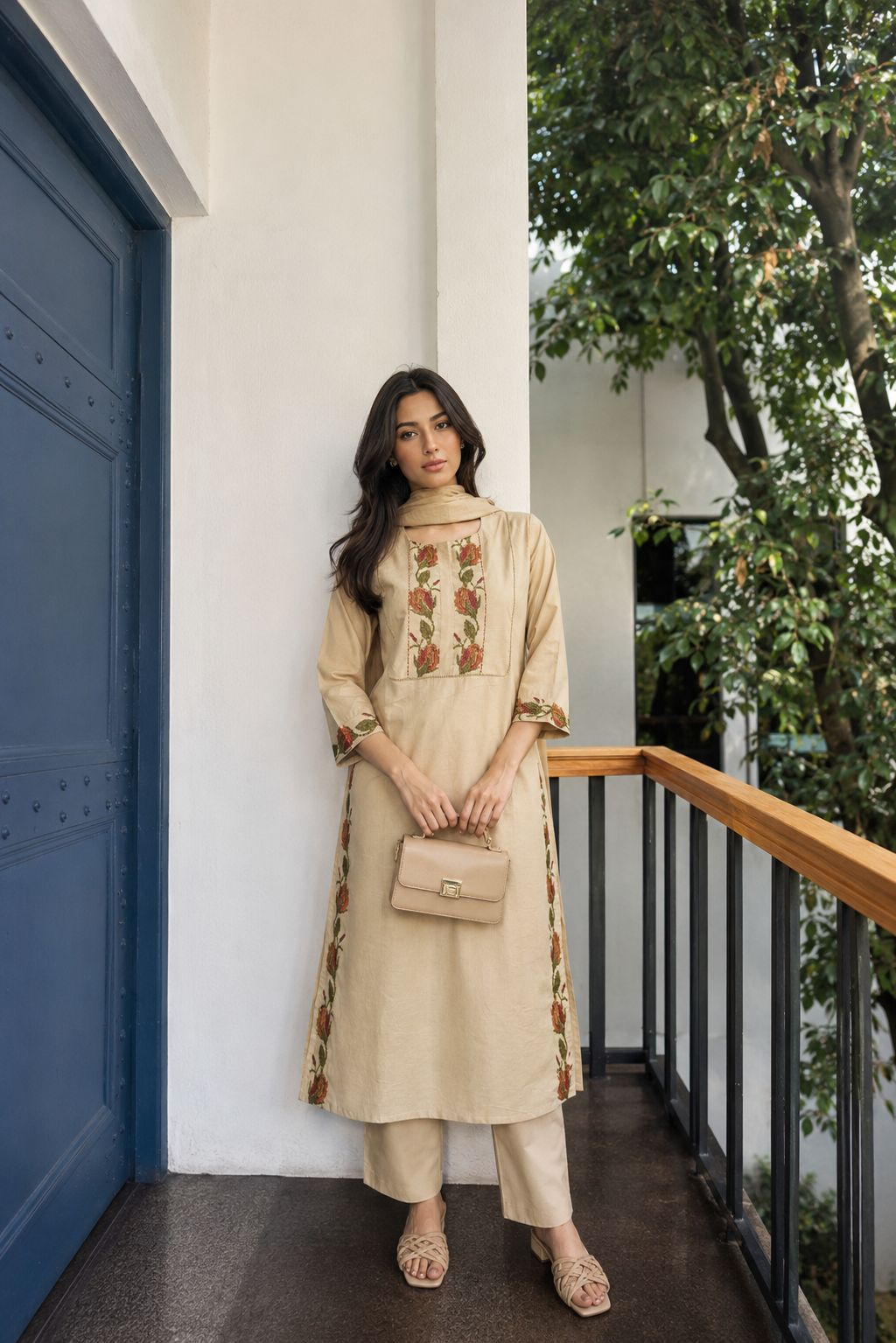 Oatmeal Floral Embroidered Pant Set