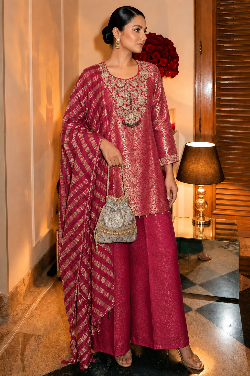 Rani Pink Embellished Brocade Silk Palazzo Set