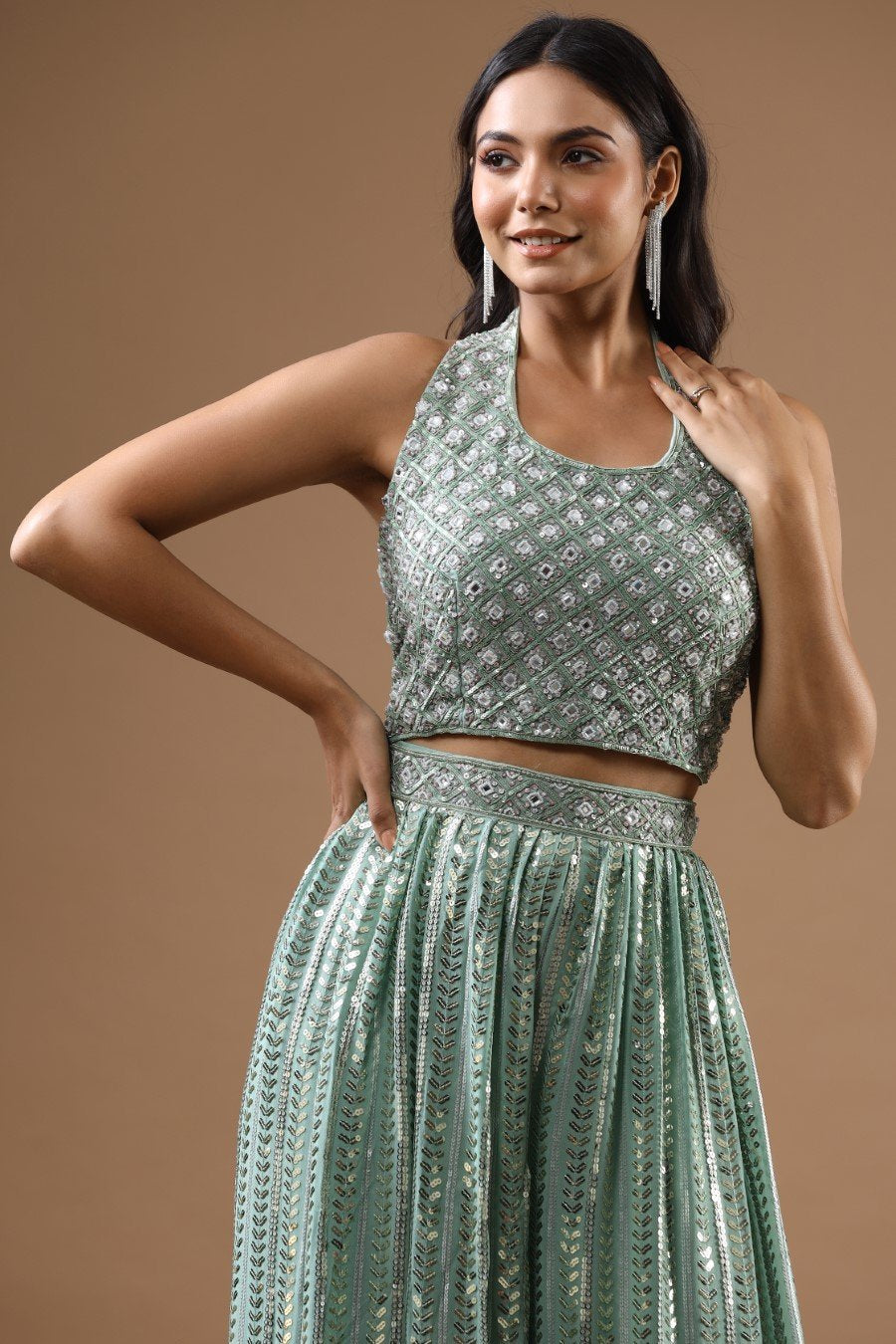 Sage Green Embroidered Palazzo with Crop Top