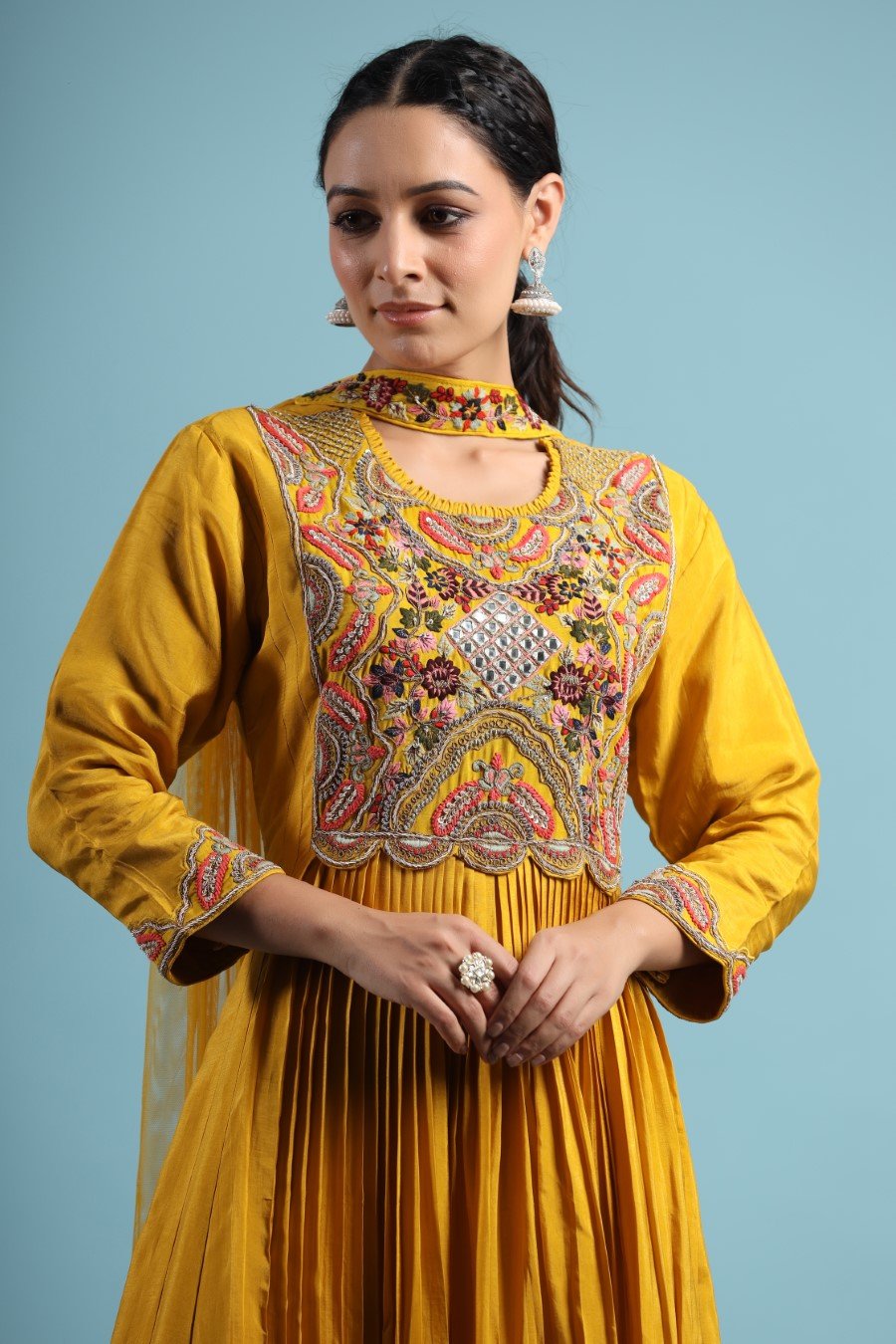 Mustard Kashmiri Silk Embroidered Anarkali with Dupatta