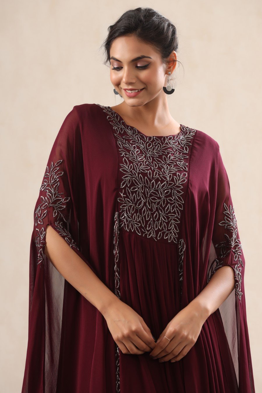 Wine Georgette Embellished Layered Gown