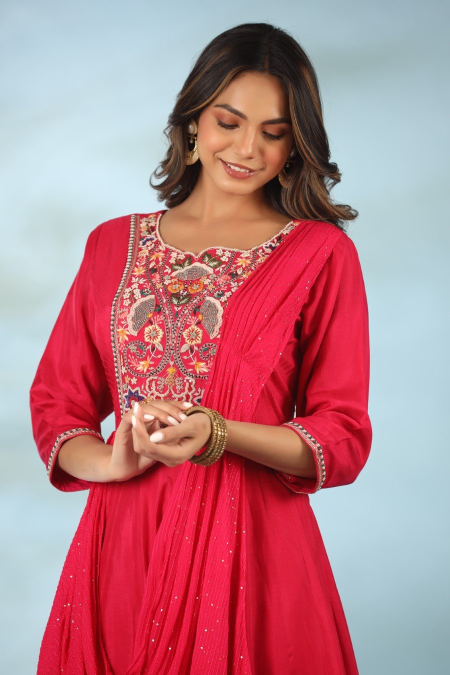 Rani Pink Modal Silk Draped Anarkali
