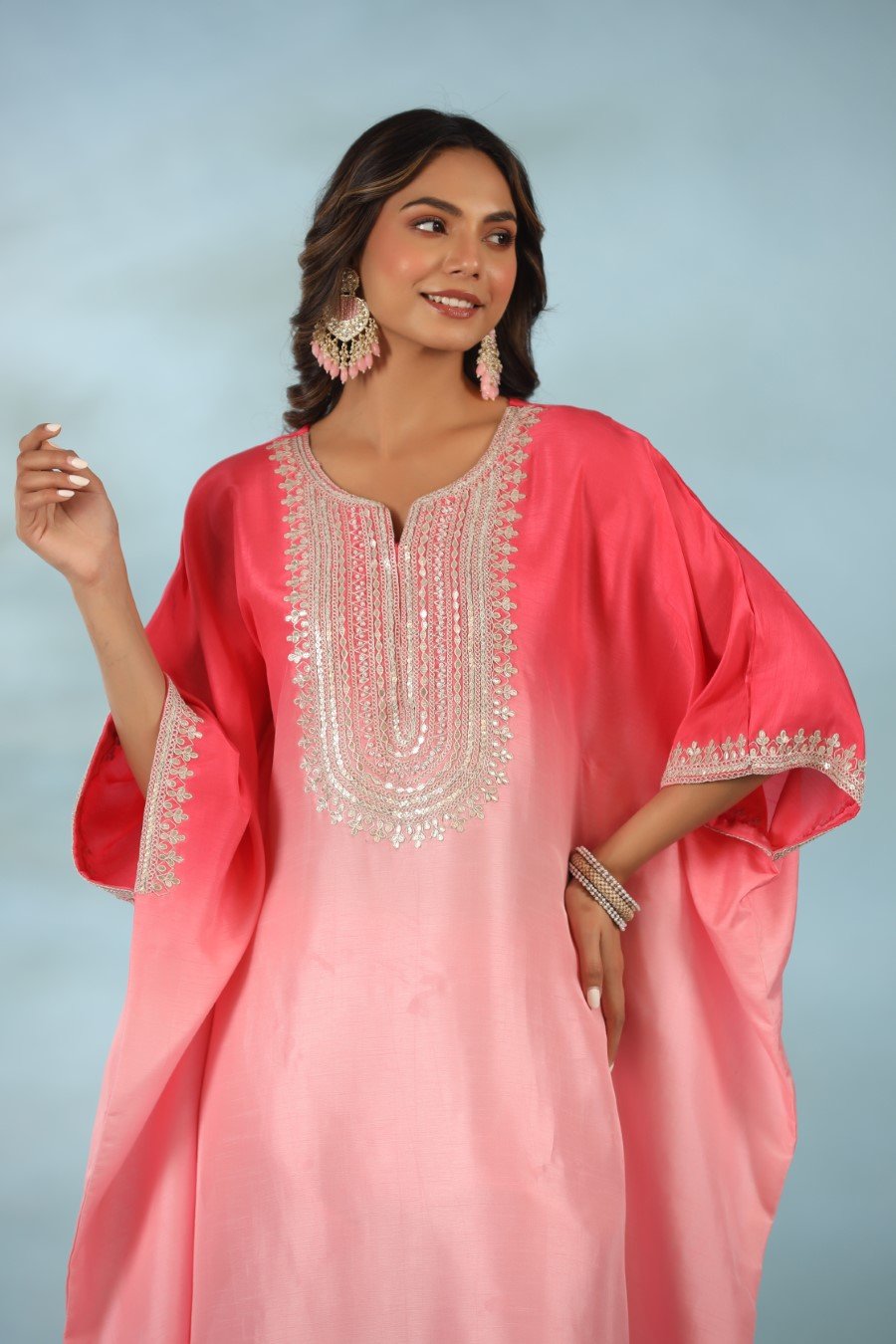 Pink Ombre Embroidered Kaftan With Pants