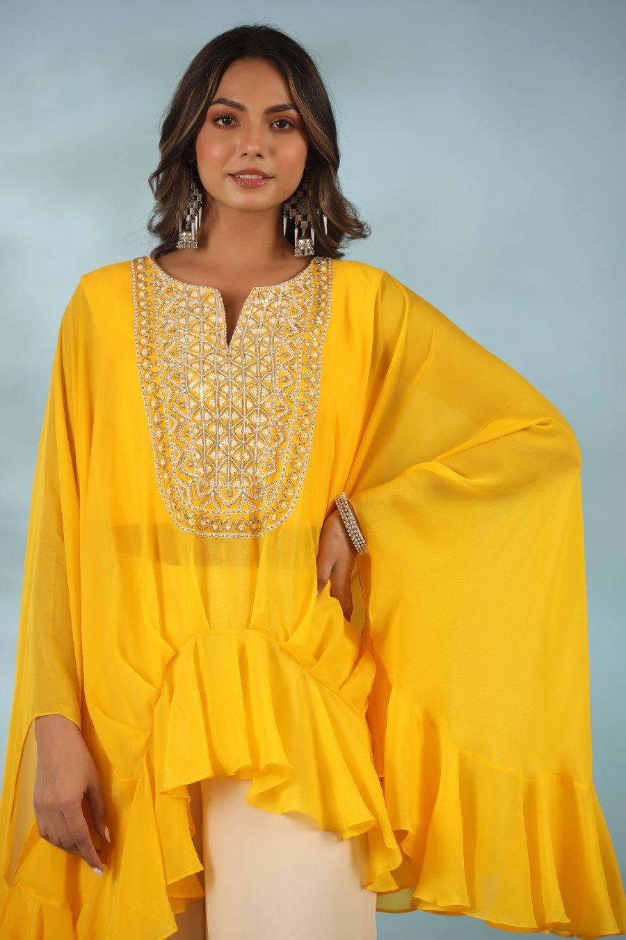 Festive Yellow Hand Embroidered Tunic With Palazzo