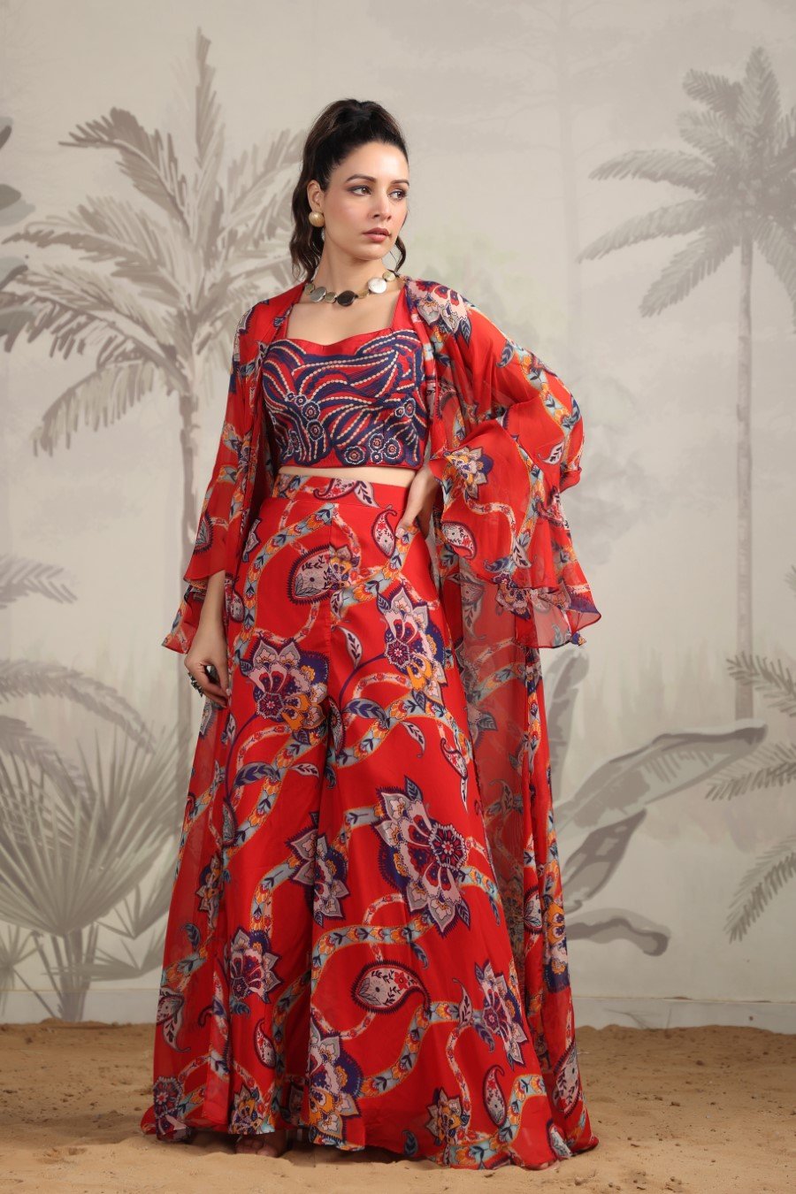Crimson Red Ethnic Printed Palazzo Sets with Cape