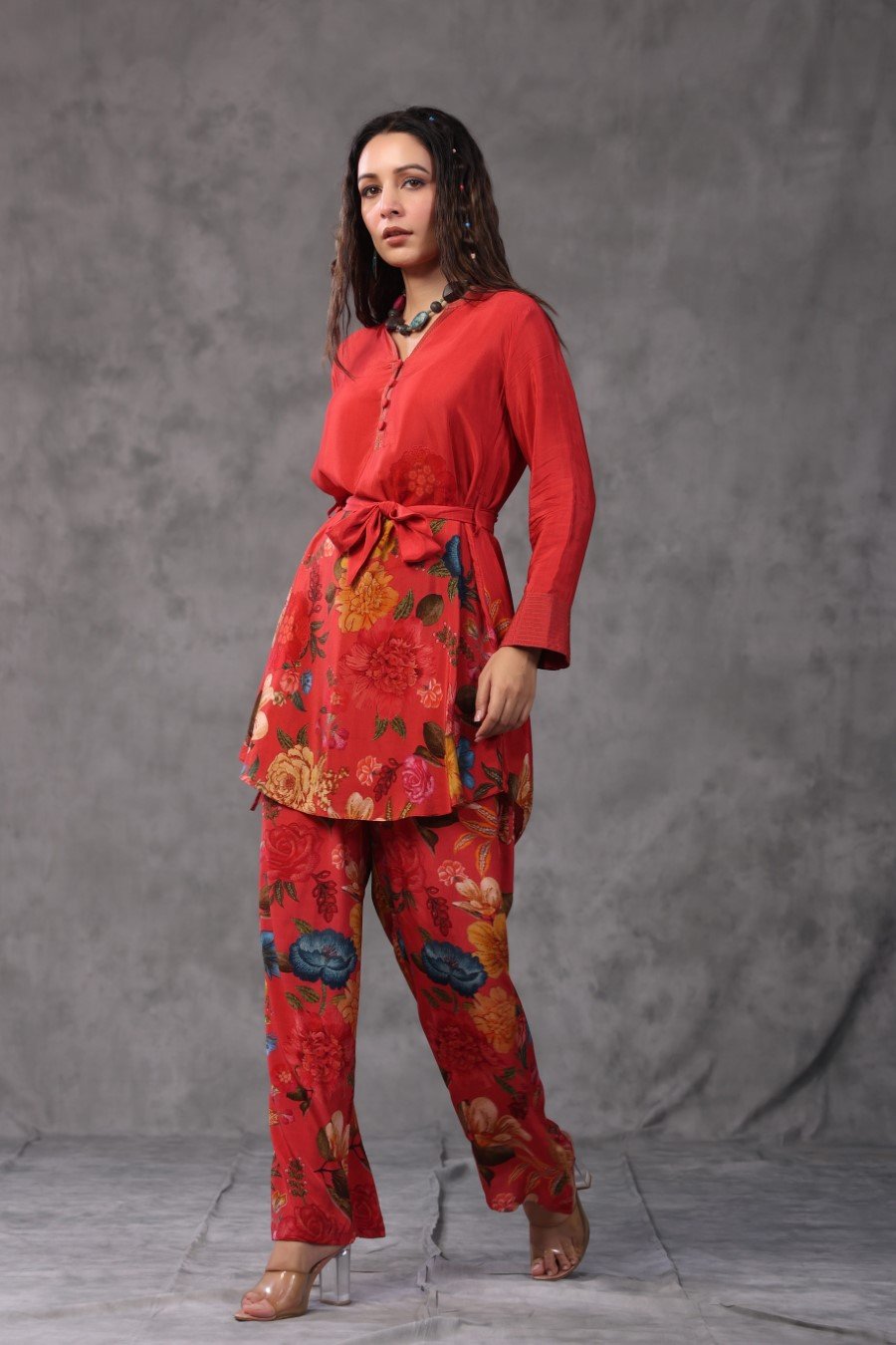 Cherry Red Floral Moorish Crepe Co-ord Set