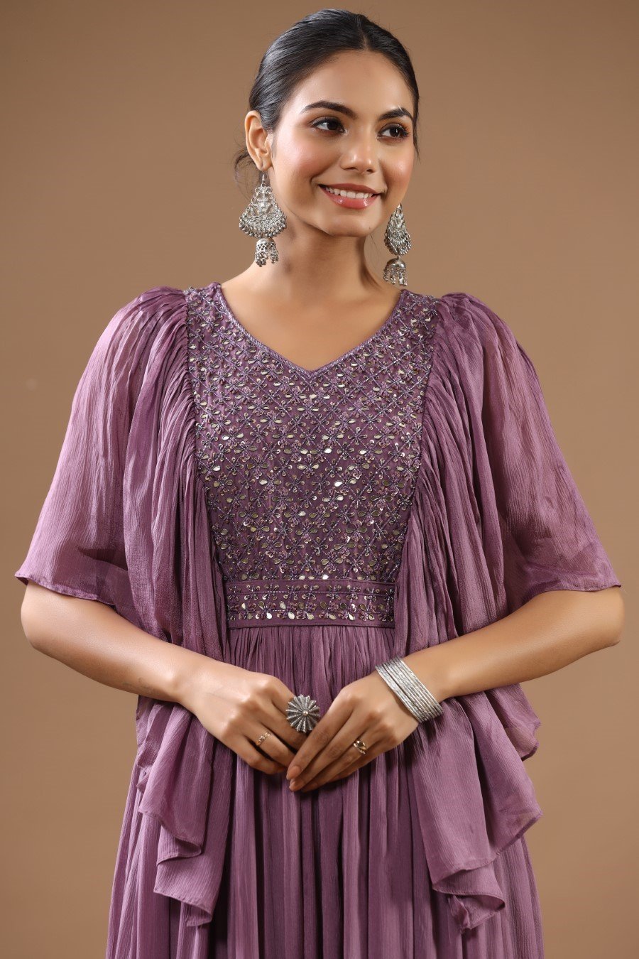 Mulberry Pink Chinon Silk Embellished Gown