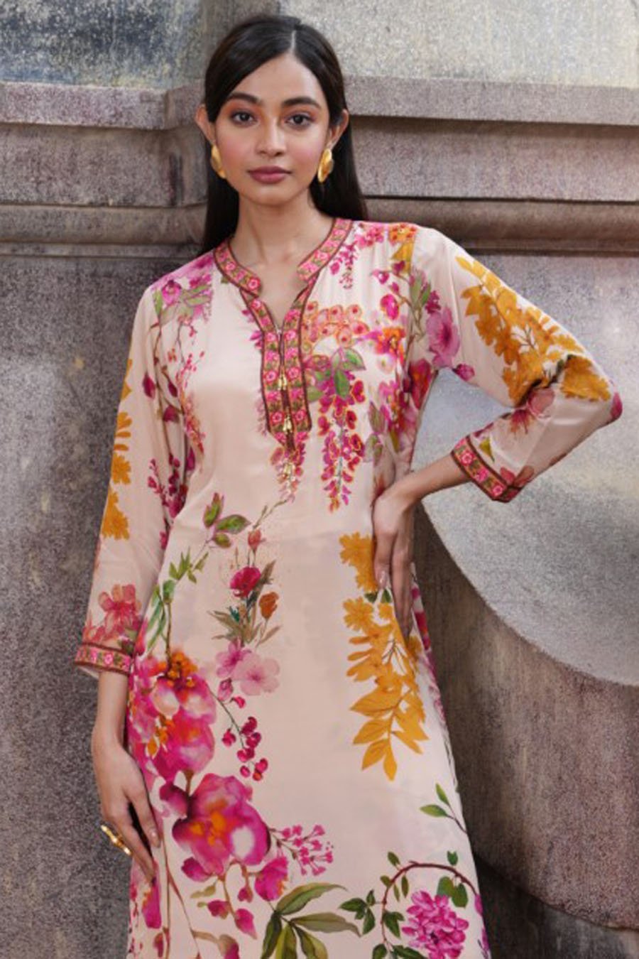 Peach Floral Embroidered Kurta with Palazzo