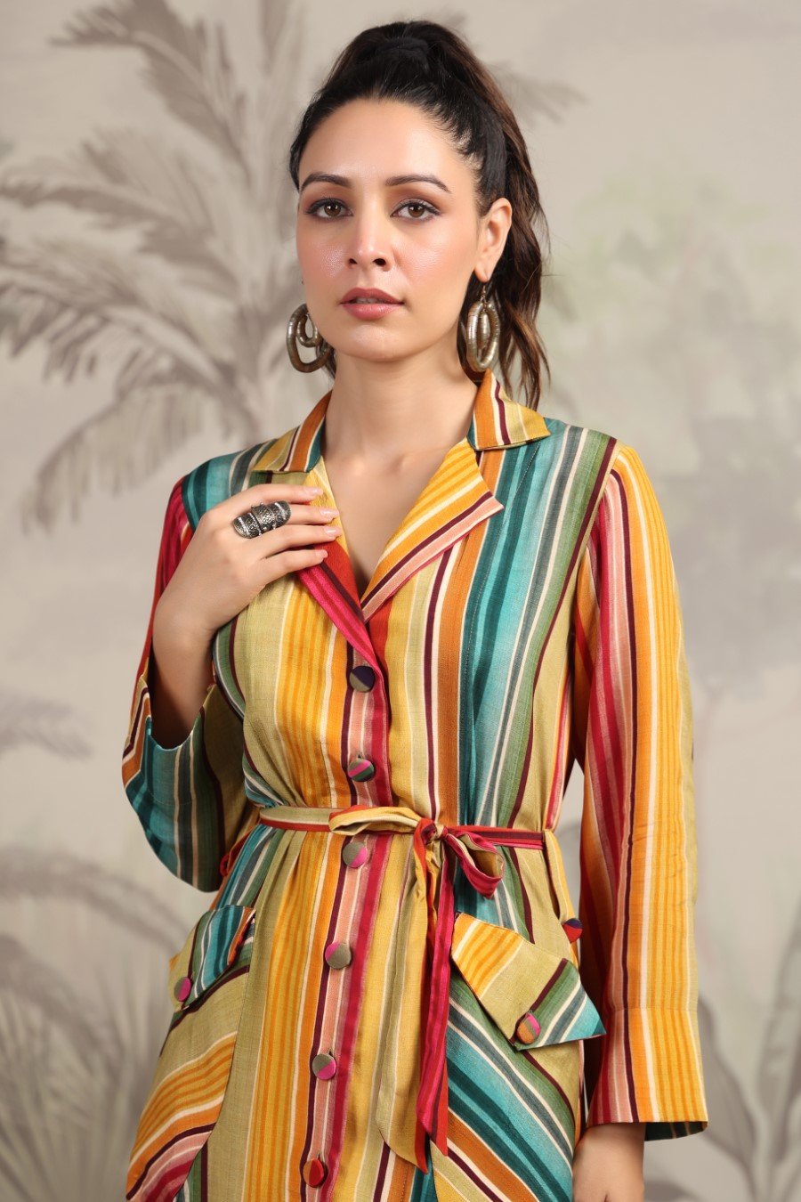 Colourfull Striped Printed A-Line Dress with Belt