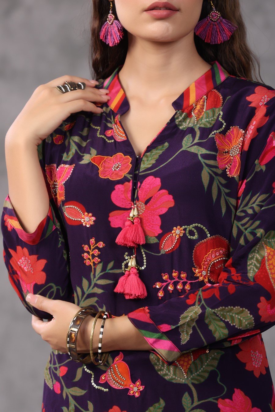 Navy Blue Floral & Striped Kurta with Palazzo