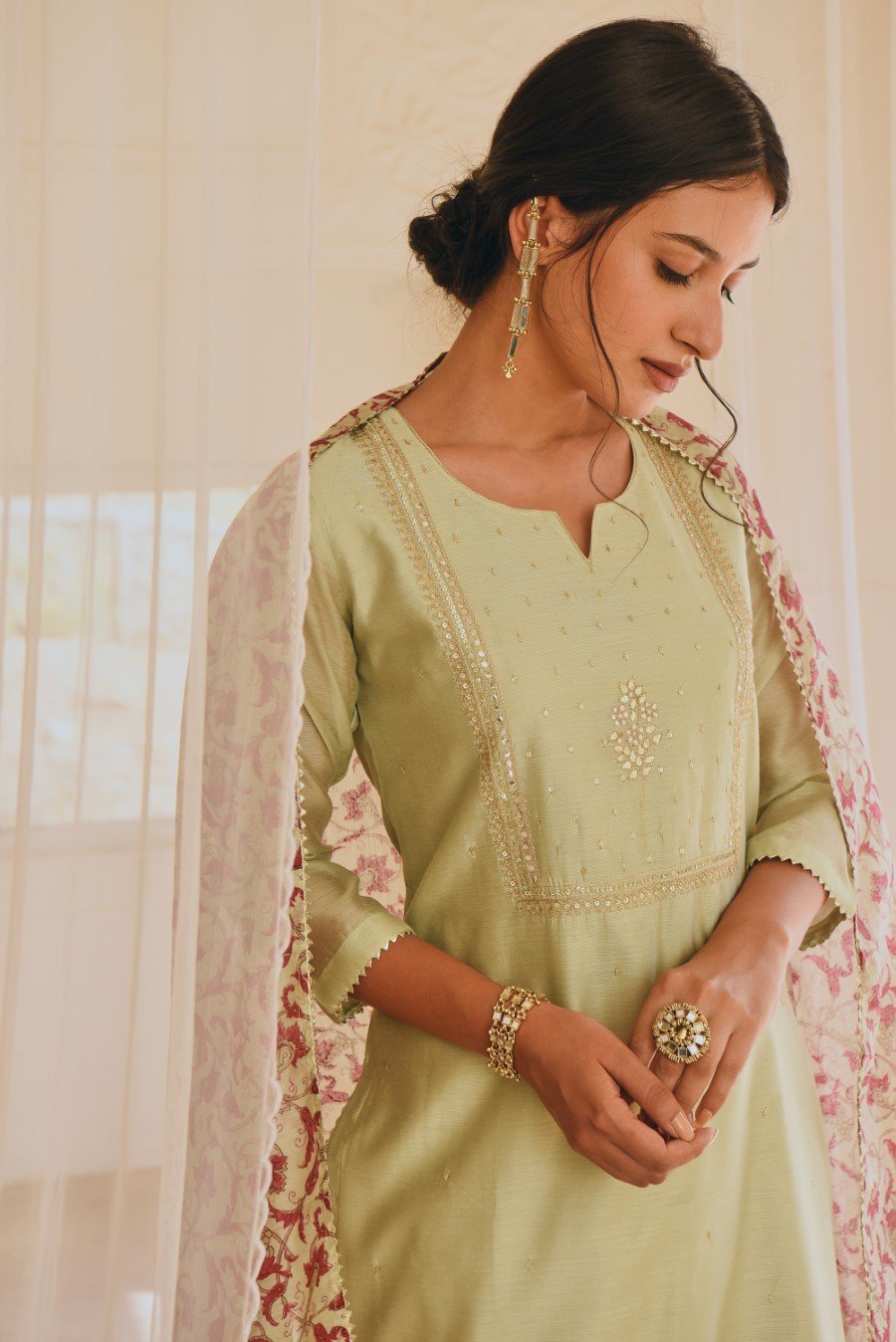 Pastel Green Embellished & Printed Chanderi Silk Kurta Set
