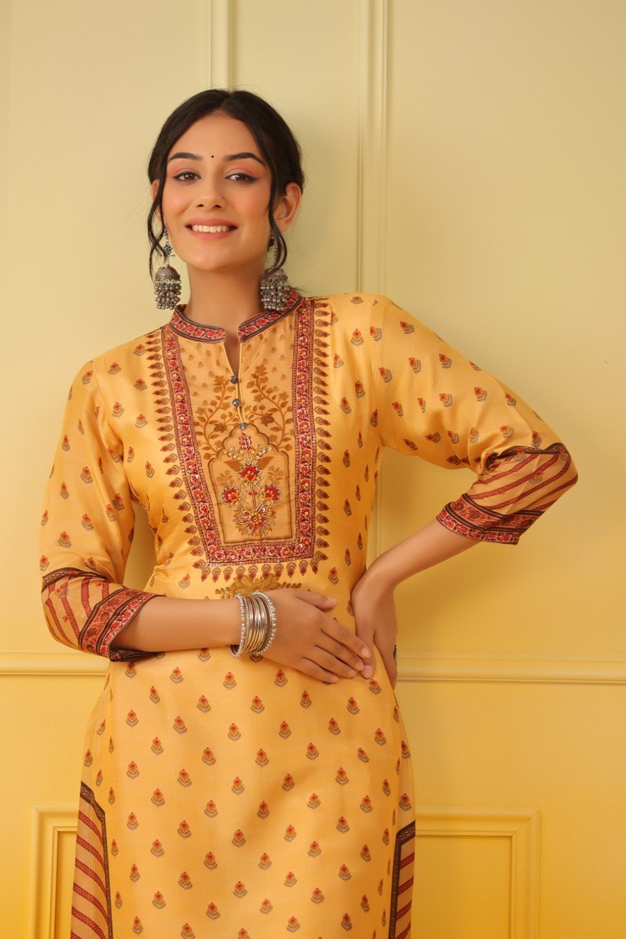 Yellow Ethnic Tussar Silk Kurta with Pant