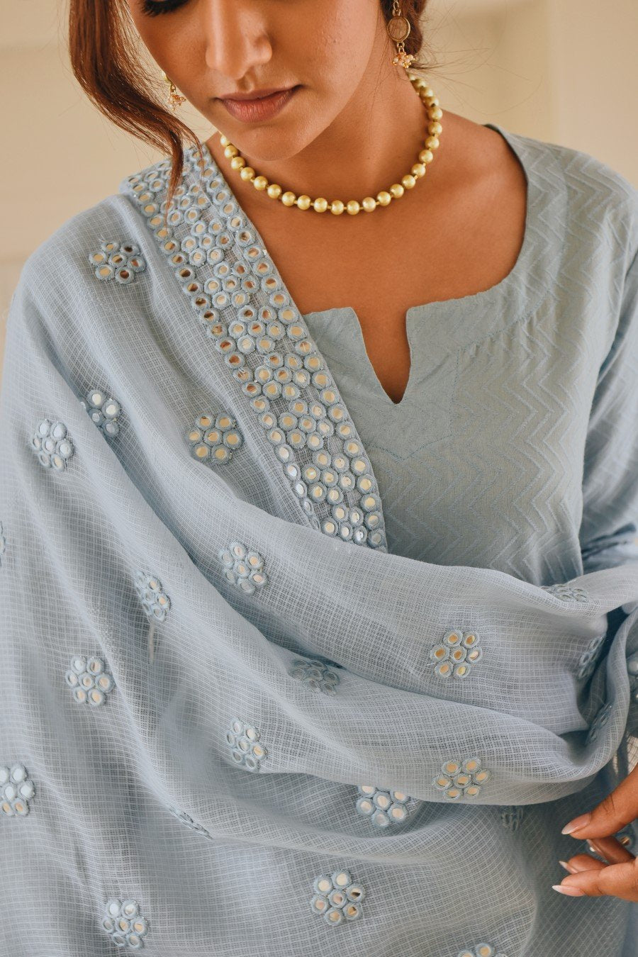 Pastel Blue Textured & Embroidered Kurta Set
