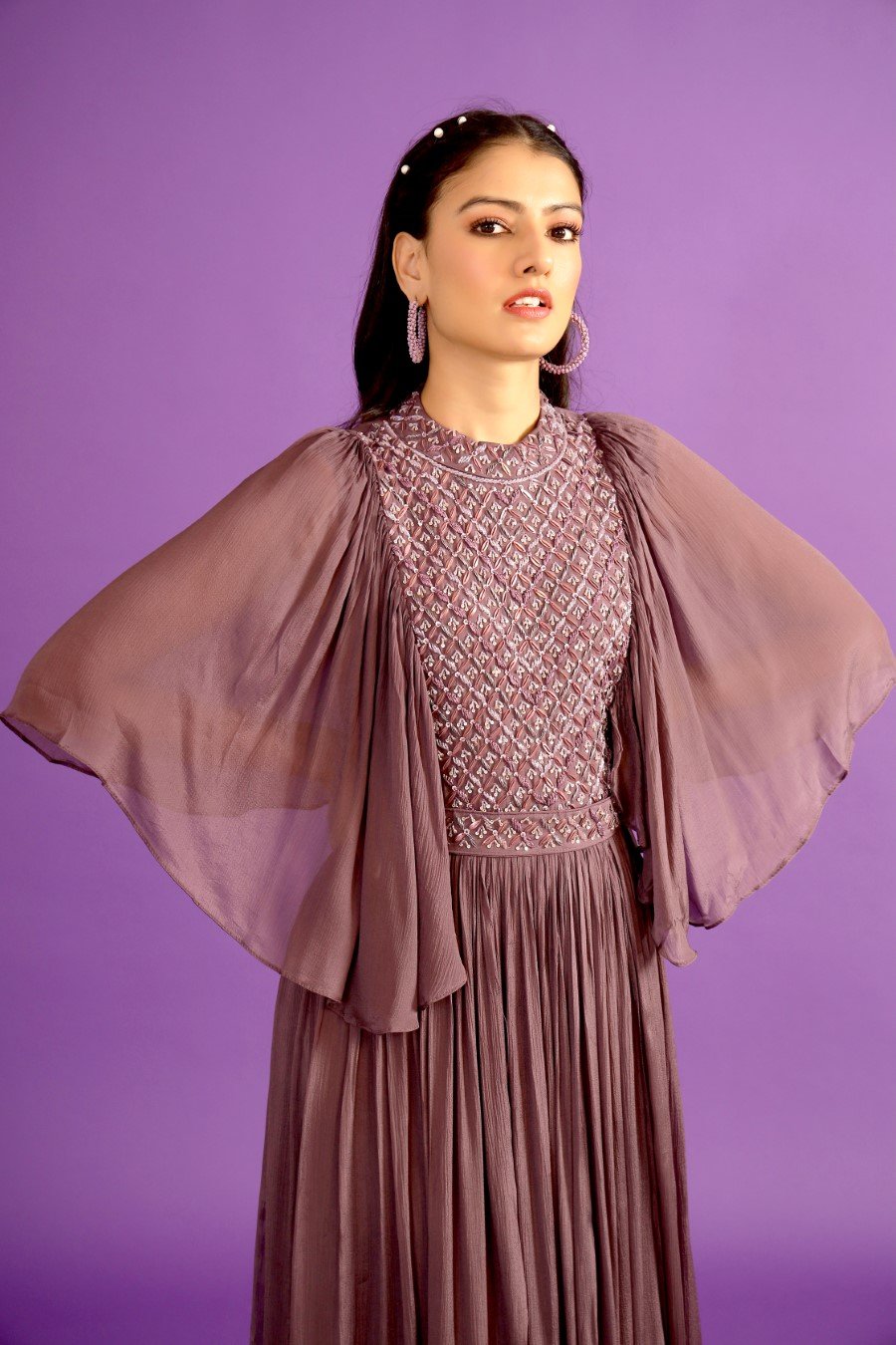 Dusky Purple Embellished Chinon Silk Gown
