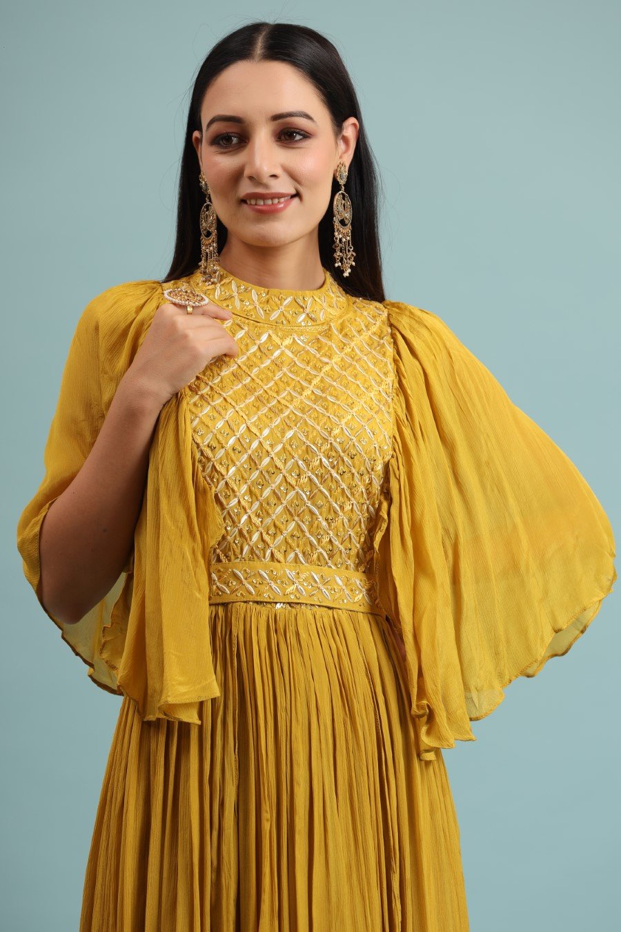 Bright Yellow Embellished Chinon Silk Gown