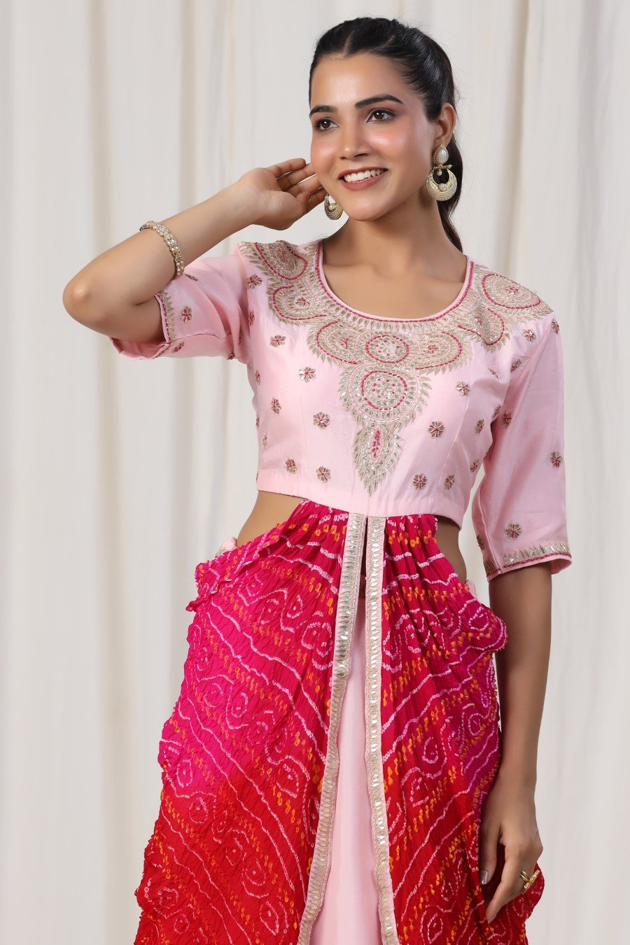 Pink Lotus Silk Embroidered Ethnic Draped Skirt Top