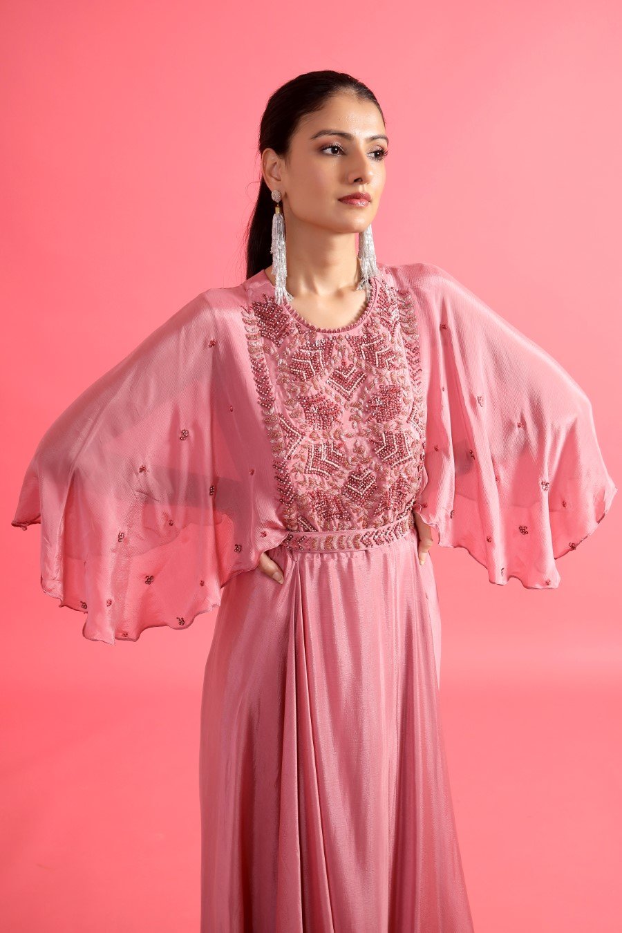 Chic Pink Embellished Chinon Silk Gown with Belt