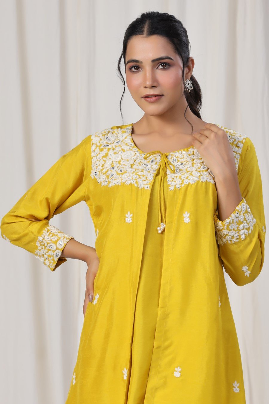 Yellow Floral Embroidered Cape Tunic with Cape