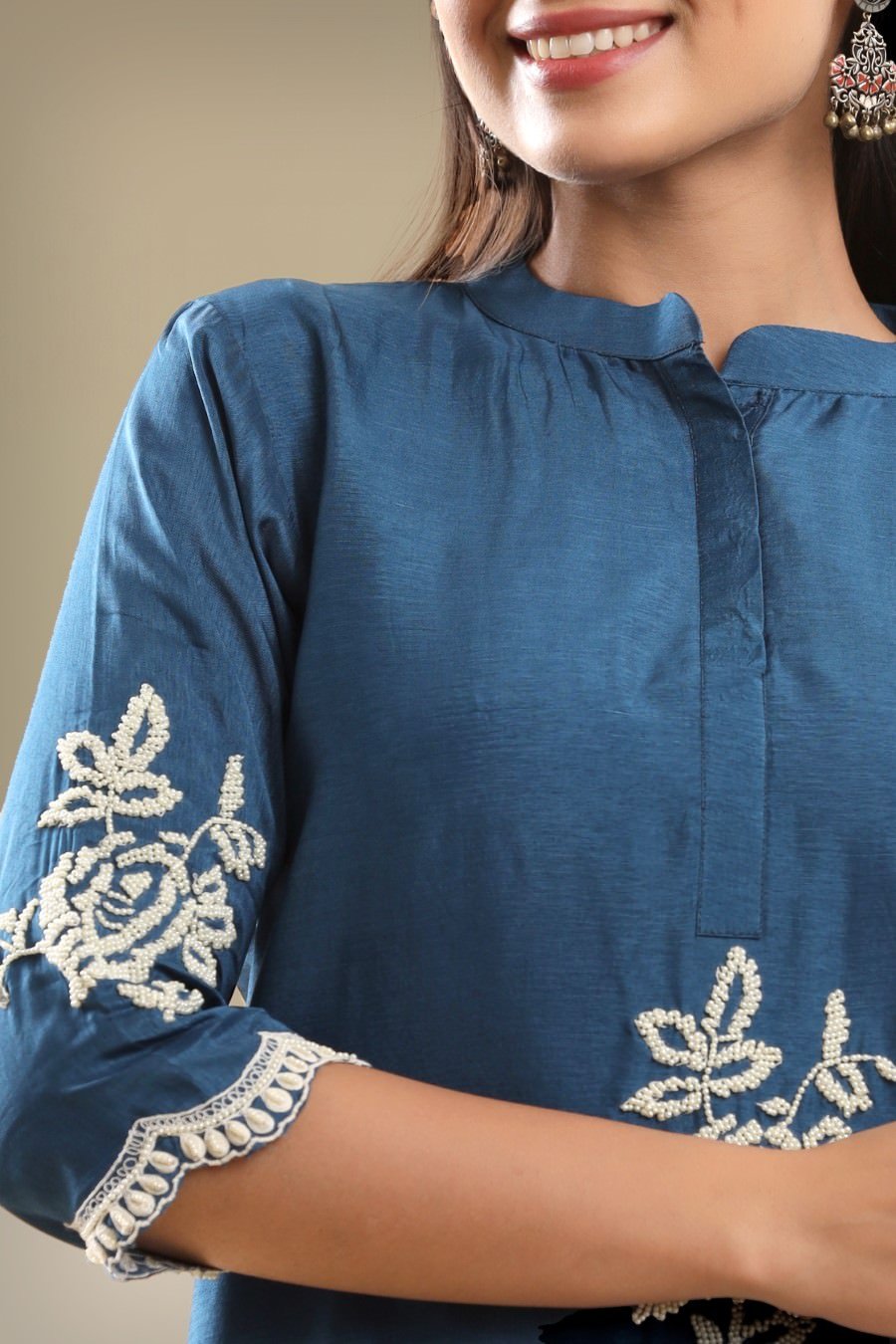 Dark Blue Embroidered A-line Kurta With Pant