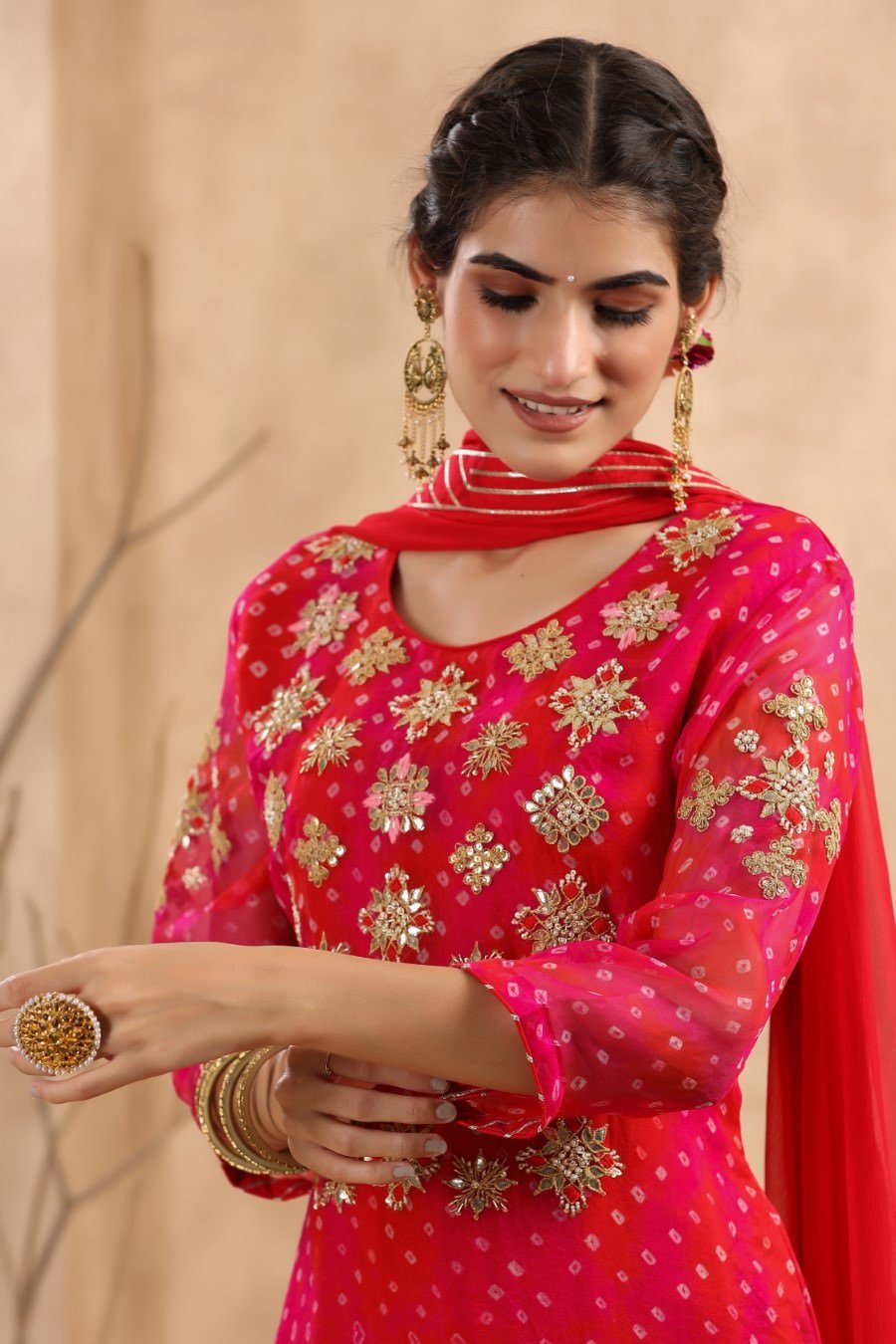 Reddish Pink Embroidered Bnadhani Palazzo Set