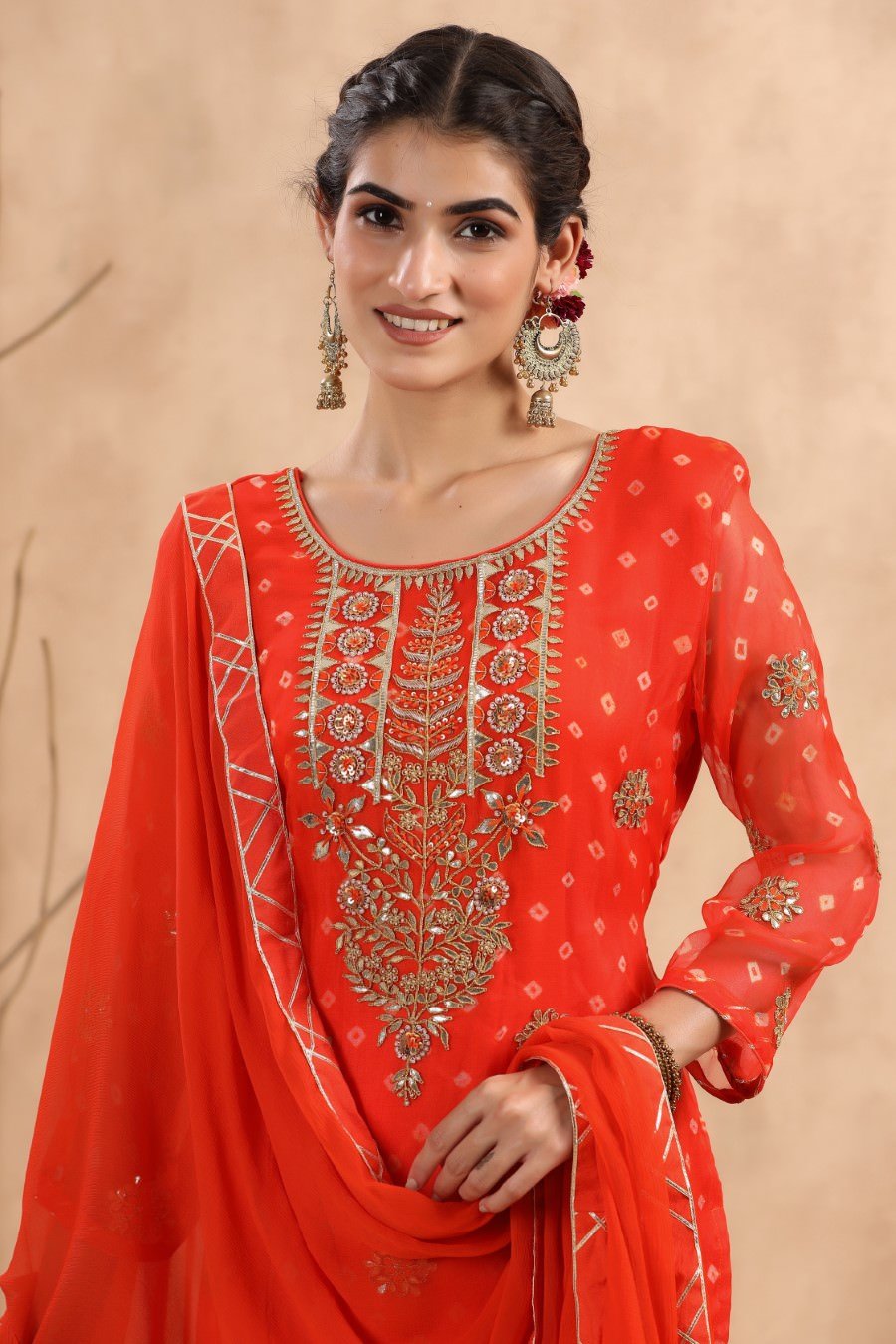 Cherry Red Bandhej Embroidered Palazzo Set